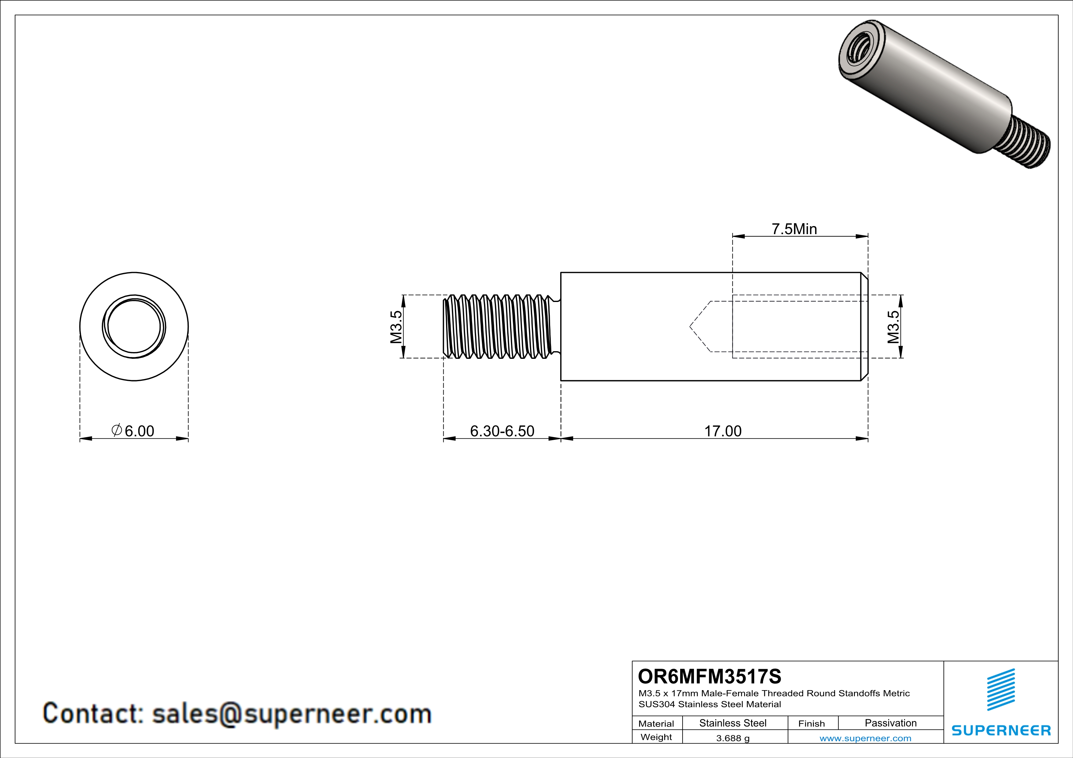 M3.5 x 17mm Male-Female Threaded Round Standoffs Metric SUS303 Stainless Steel Inox Material