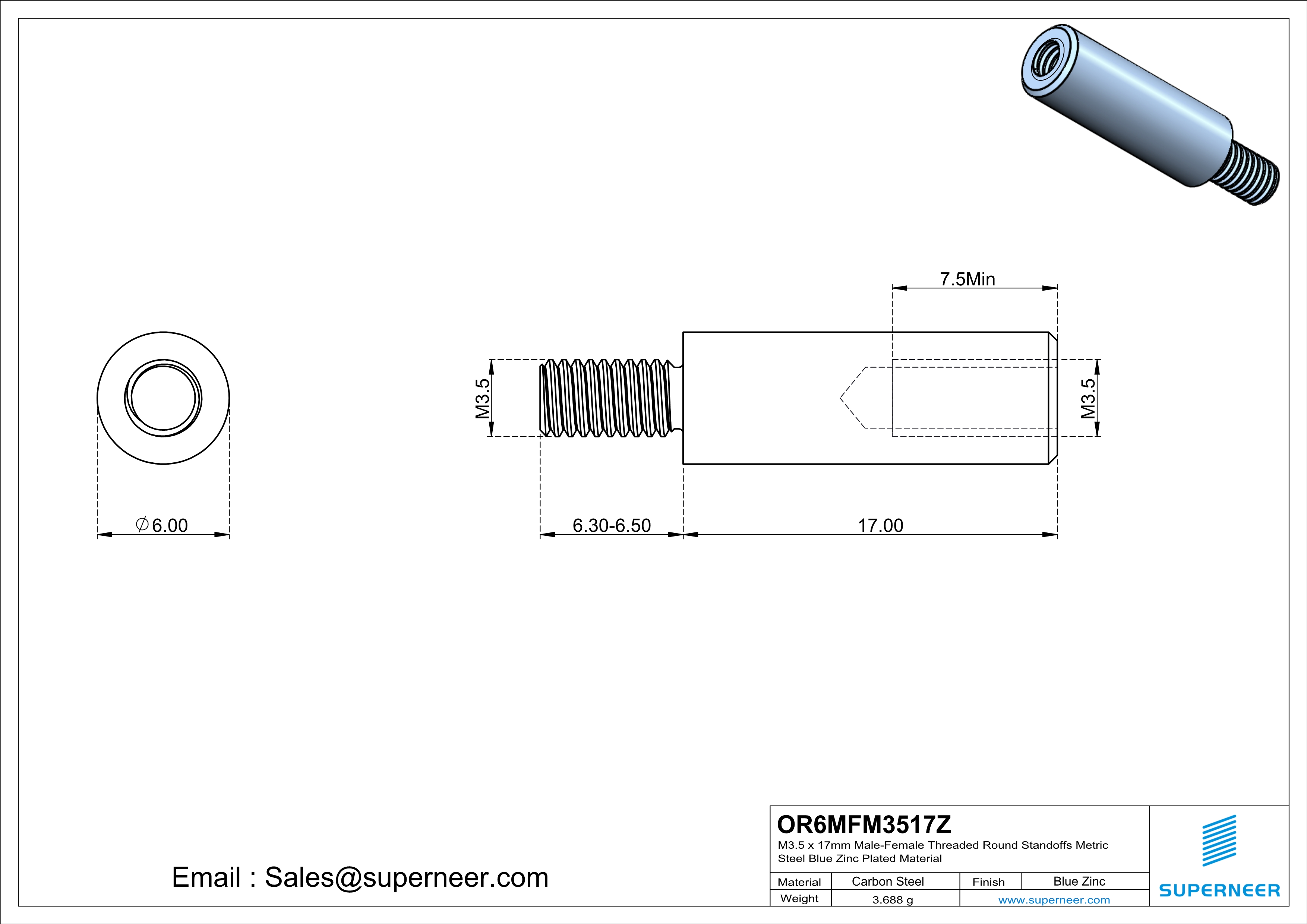 M3.5 x 17mm Male-Female Threaded Round Standoffs Metric Steel Blue Zinc Plated Material