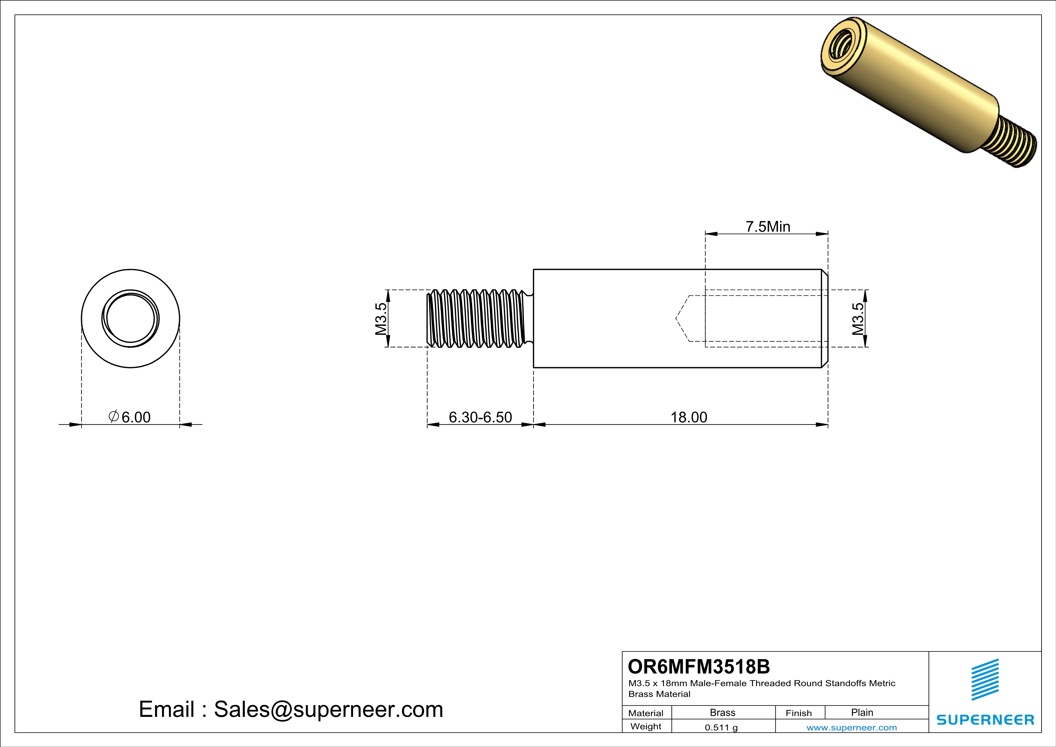 M3.5 x 18mm Male-Female Threaded Round Standoffs Metric Brass Material