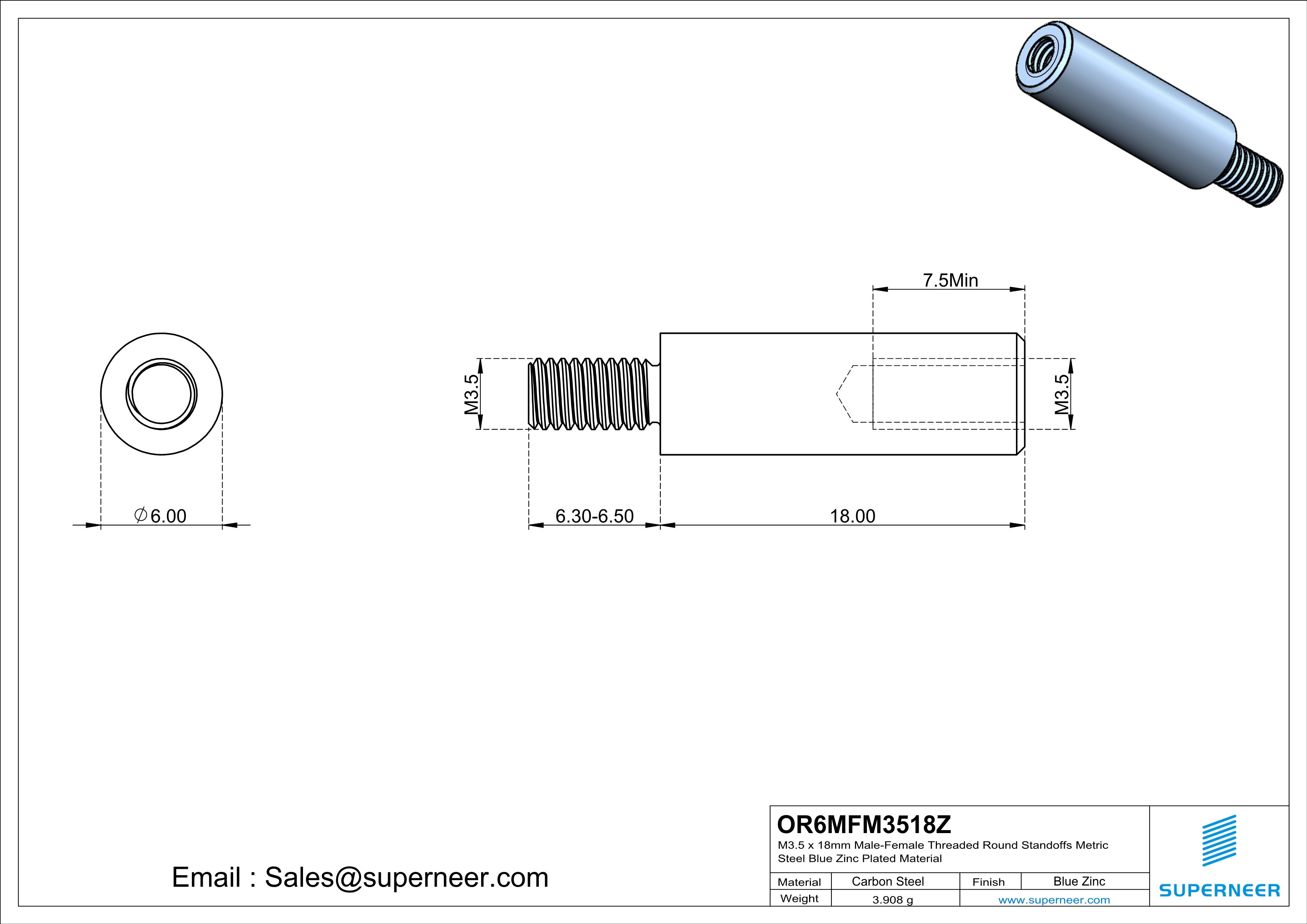 M3.5 x 18mm Male-Female Threaded Round Standoffs Metric Steel Blue Zinc Plated Material