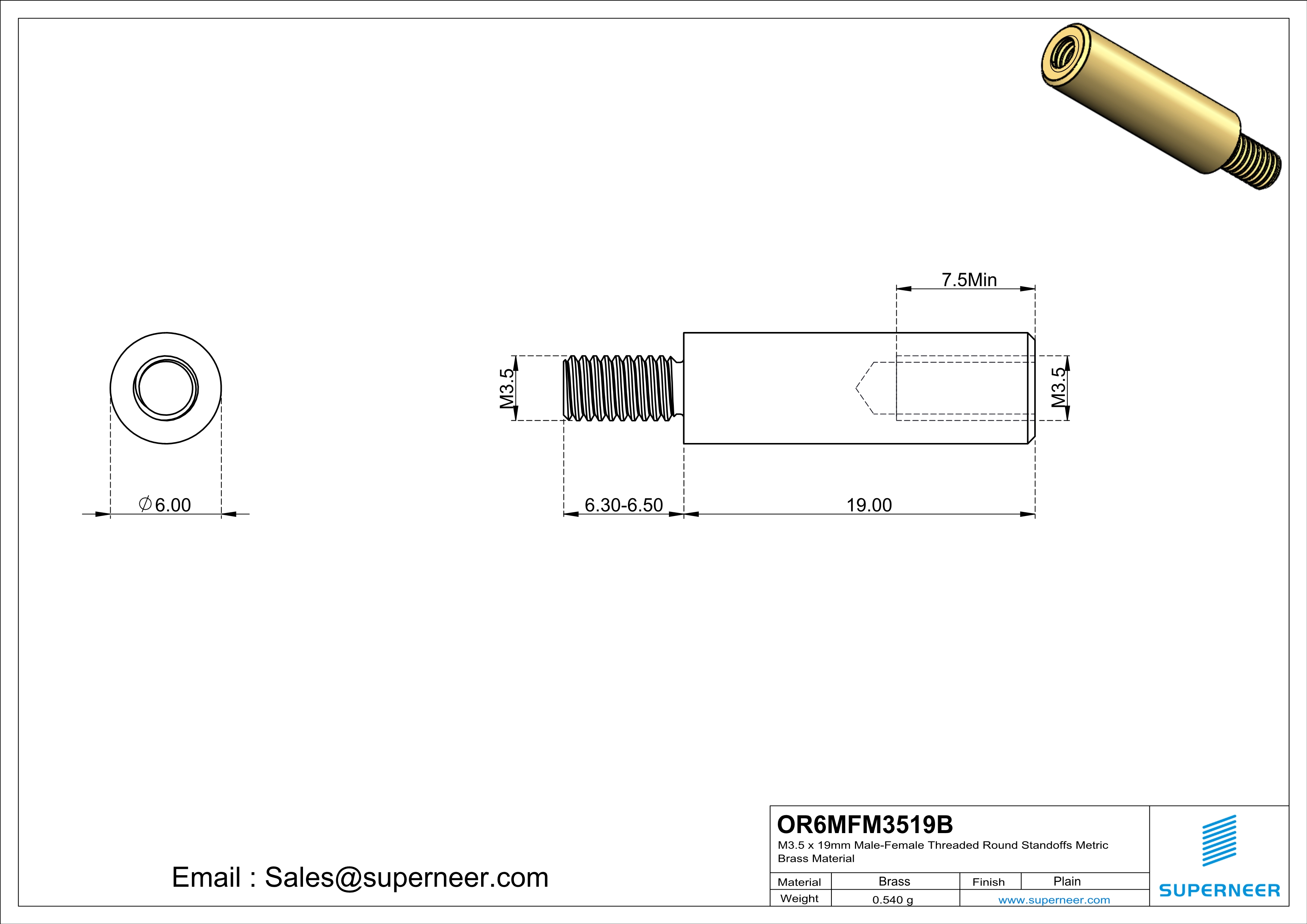 M3.5 x 19mm Male-Female Threaded Round Standoffs Metric Brass Material