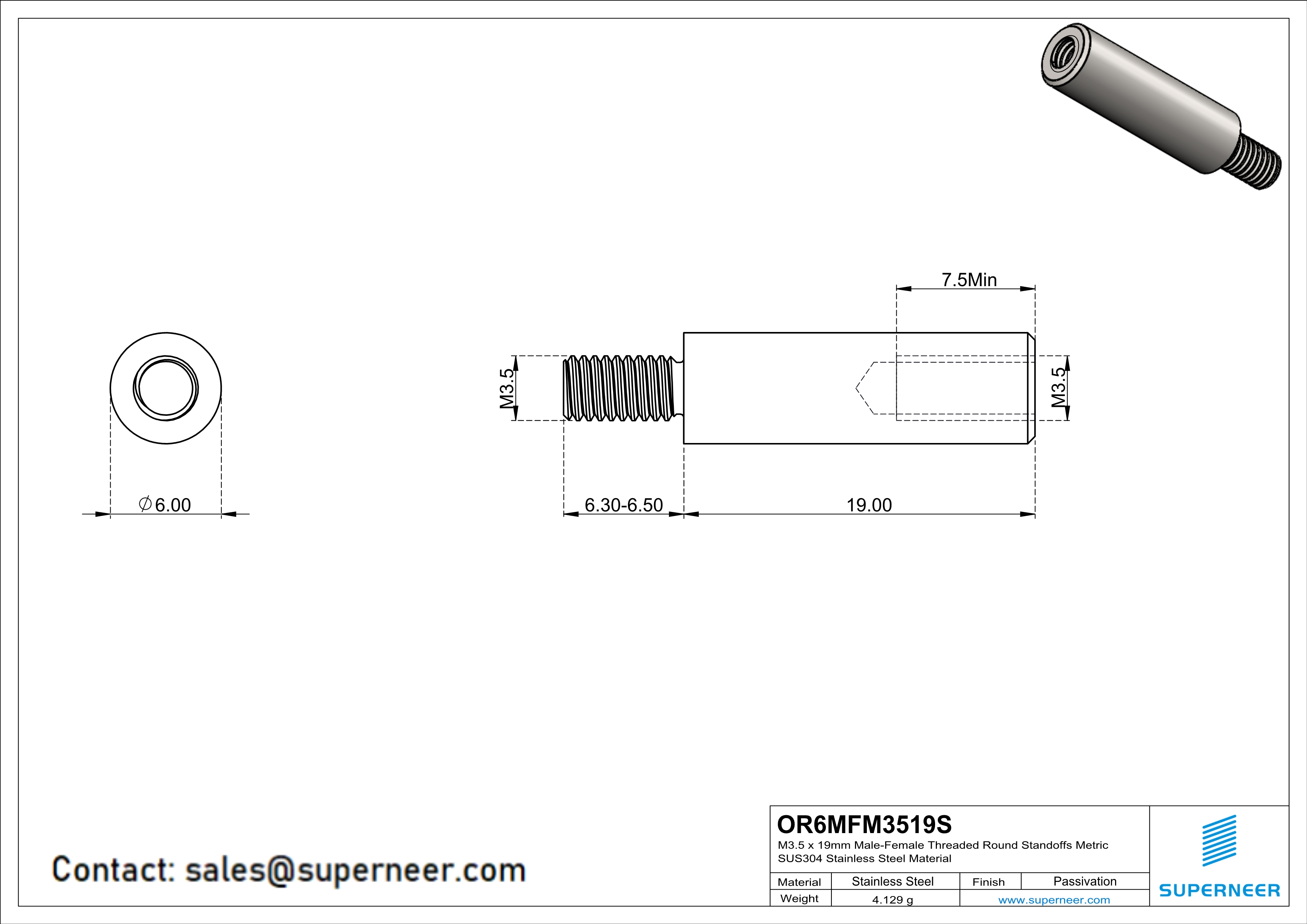 M3.5 x 19mm Male-Female Threaded Round Standoffs Metric SUS303 Stainless Steel Inox Material