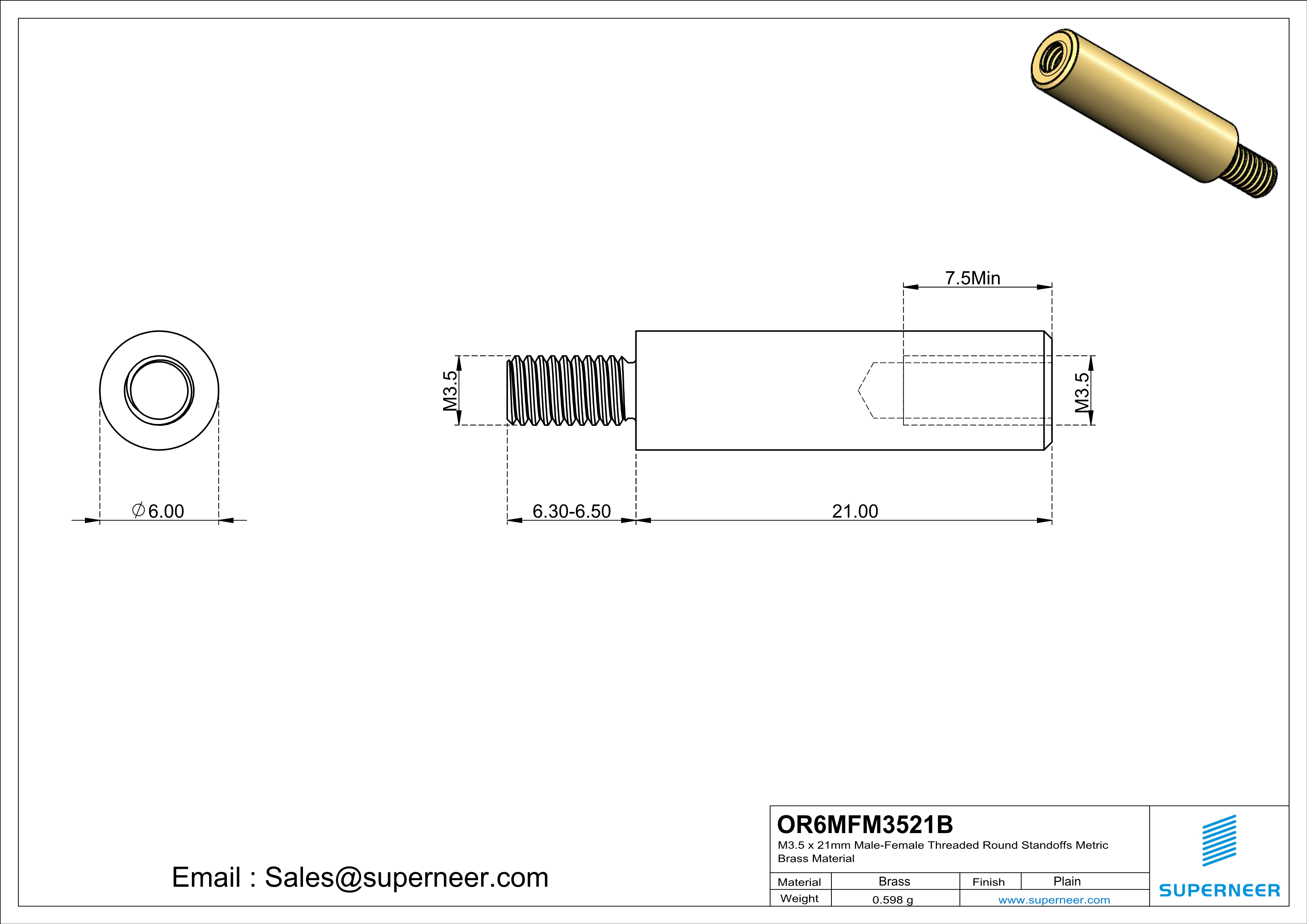 M3.5 x 21mm Male-Female Threaded Round Standoffs Metric Brass Material