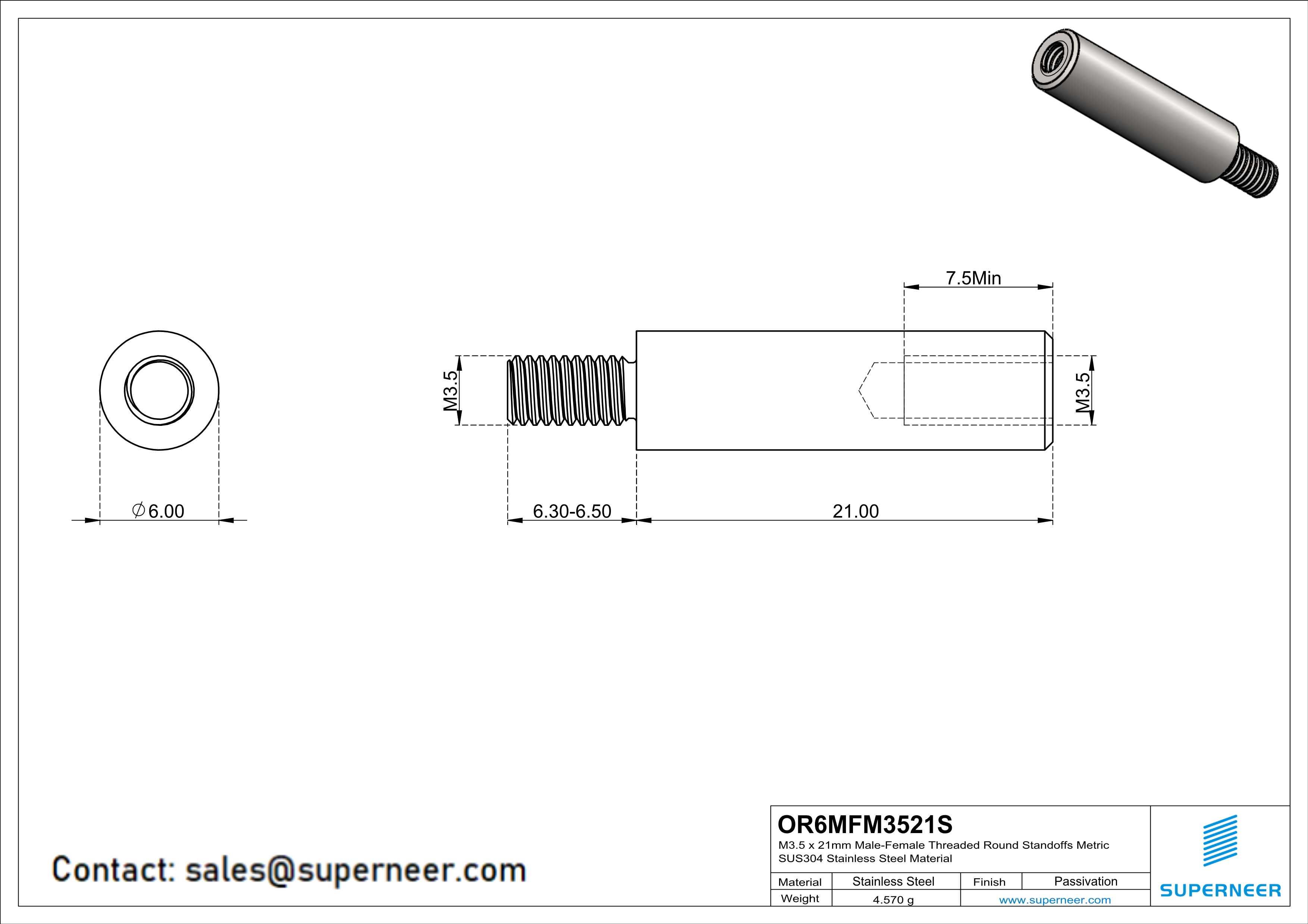 M3.5 x 21mm Male-Female Threaded Round Standoffs Metric SUS303 Stainless Steel Inox Material