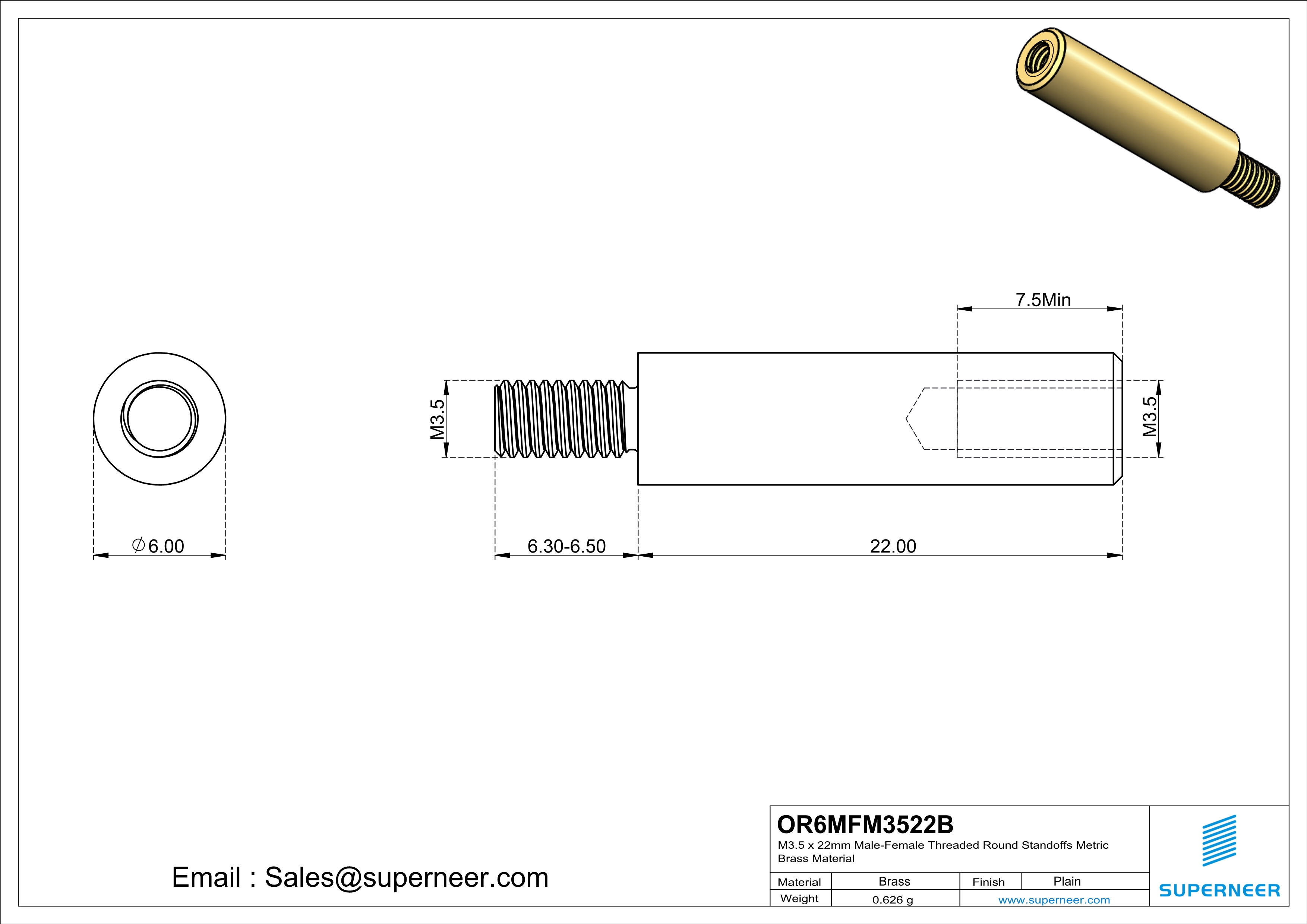 M3.5 x 22mm Male-Female Threaded Round Standoffs Metric Brass Material