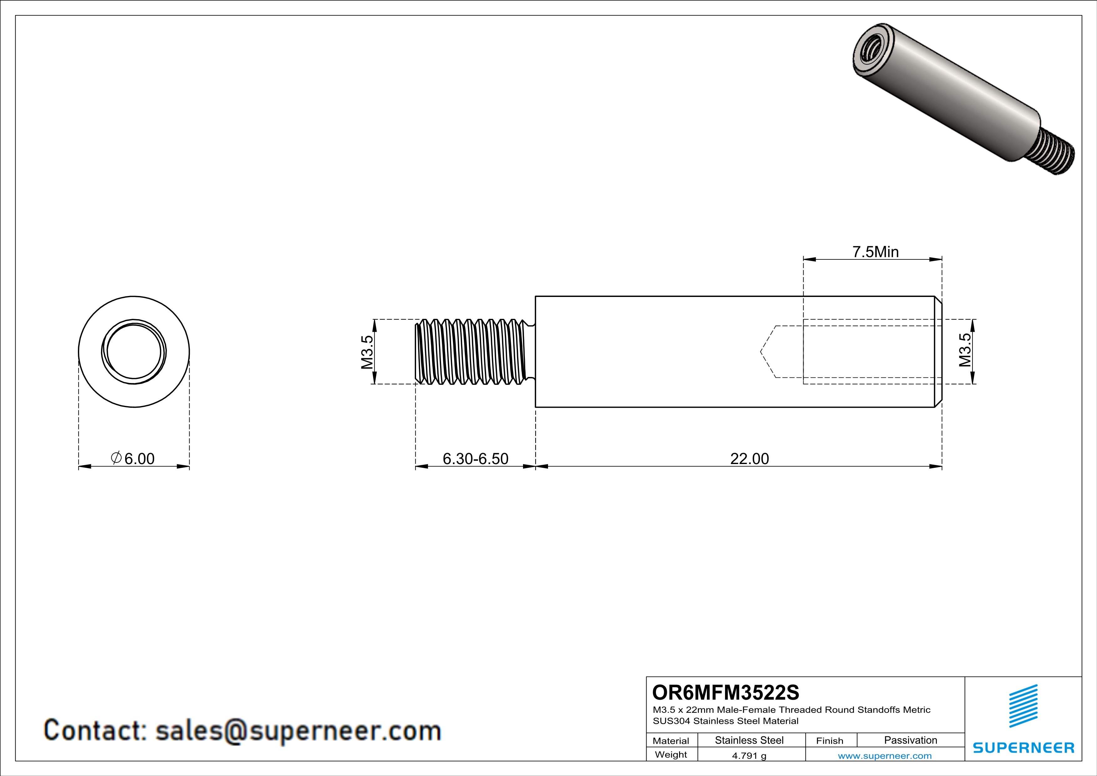 M3.5 x 22mm Male-Female Threaded Round Standoffs Metric SUS303 Stainless Steel Inox Material