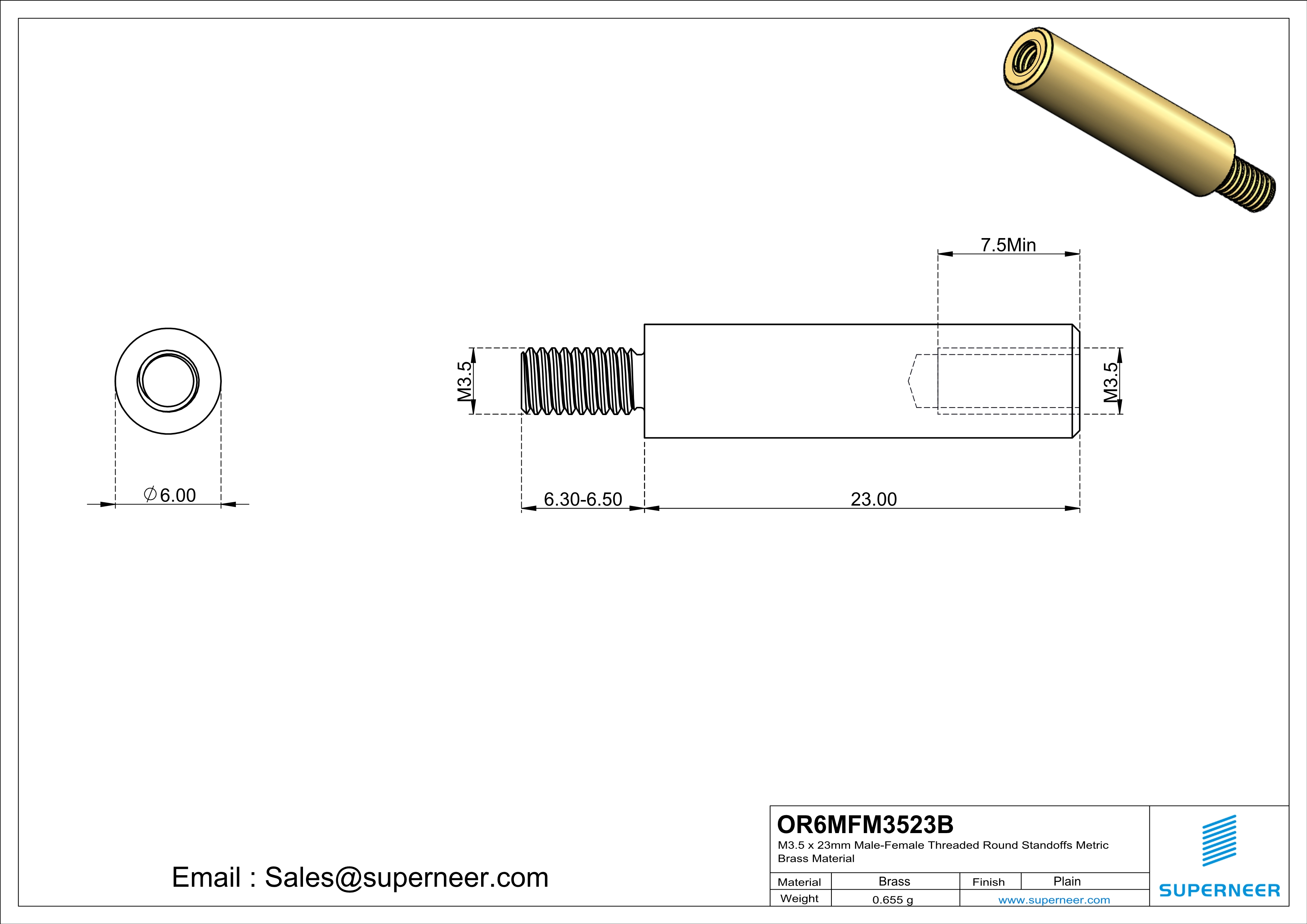 M3.5 x 23mm Male-Female Threaded Round Standoffs Metric Brass Material