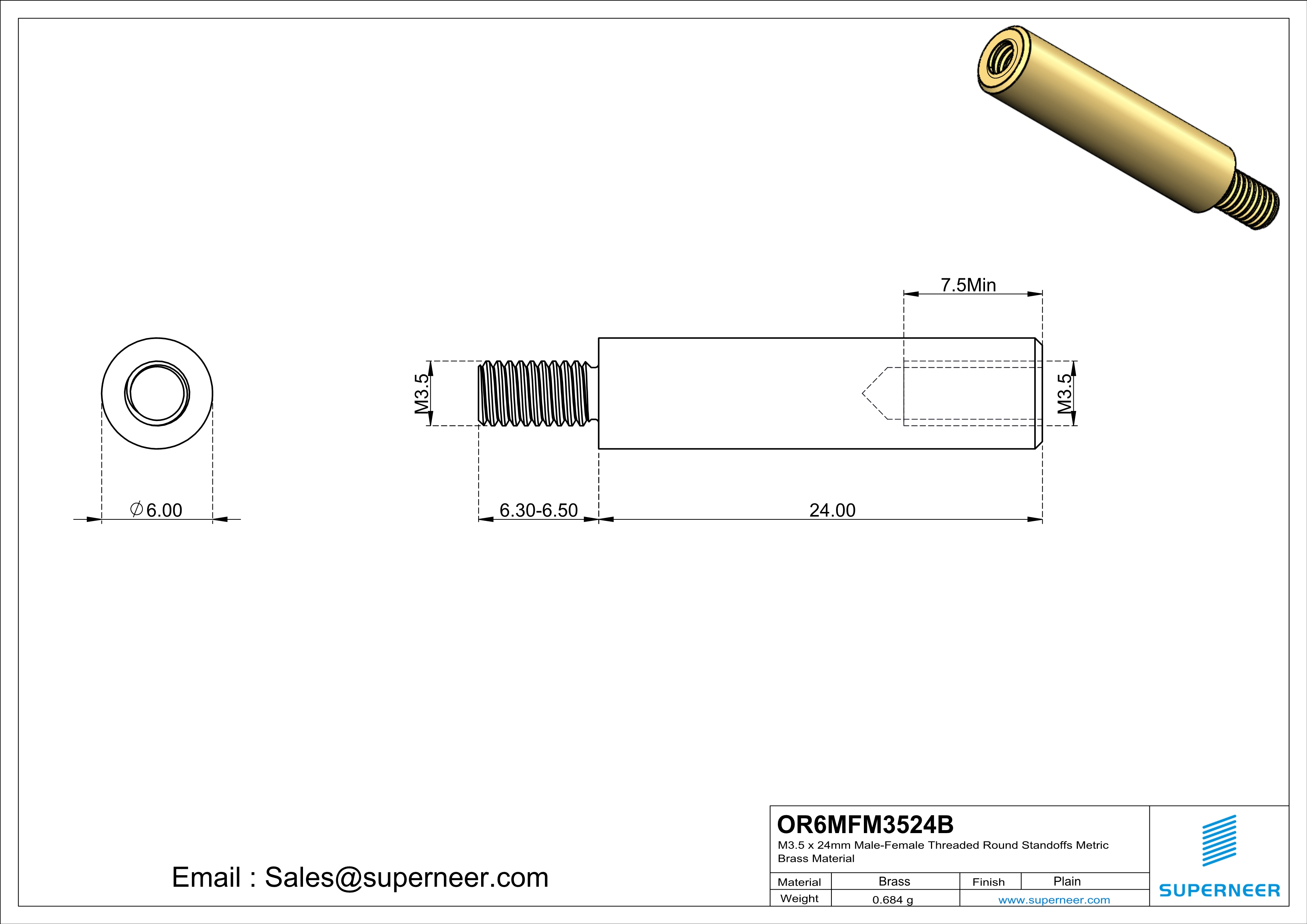 M3.5 x 24mm Male-Female Threaded Round Standoffs Metric Brass Material