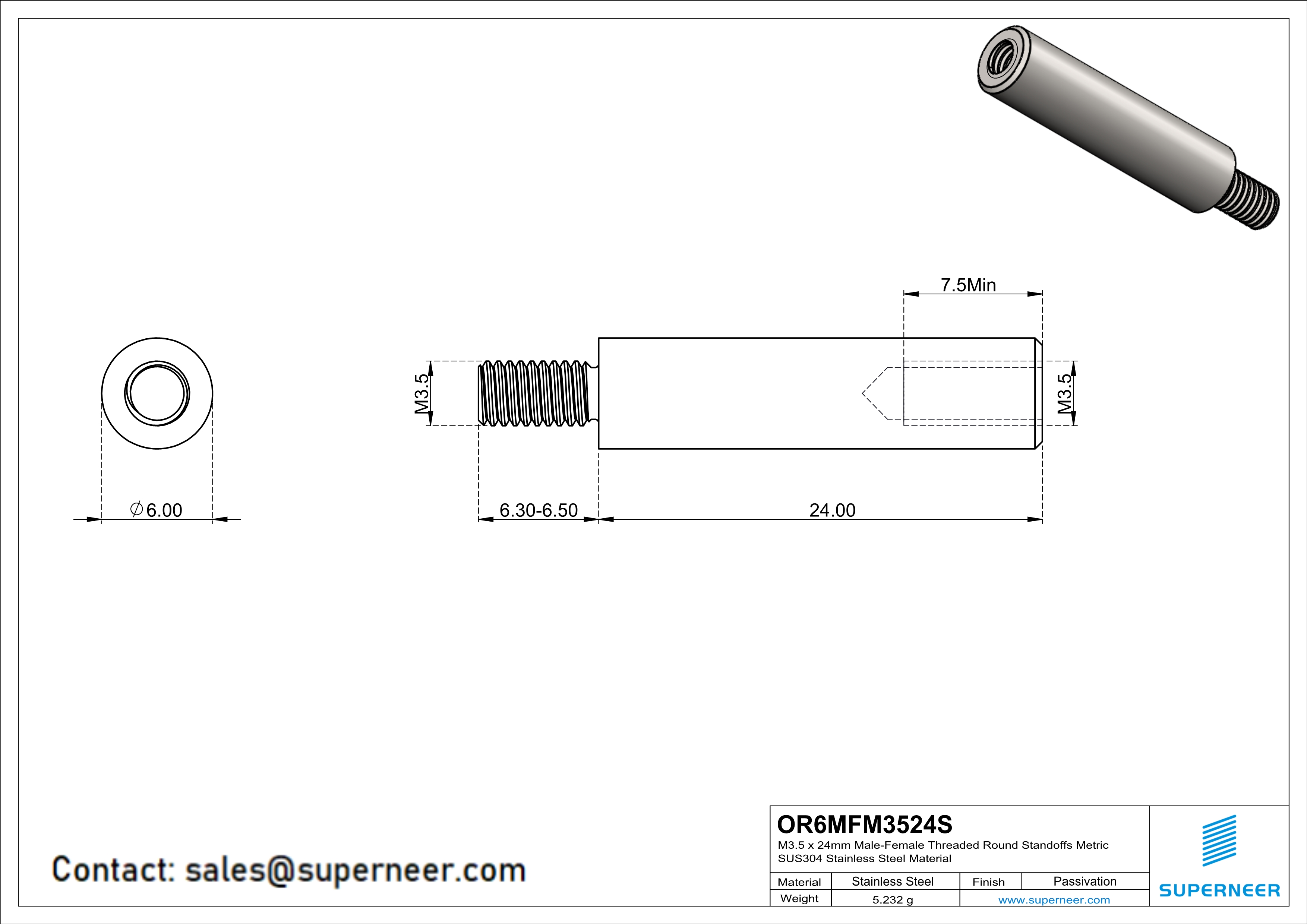 M3.5 x 24mm Male-Female Threaded Round Standoffs Metric SUS303 Stainless Steel Inox Material