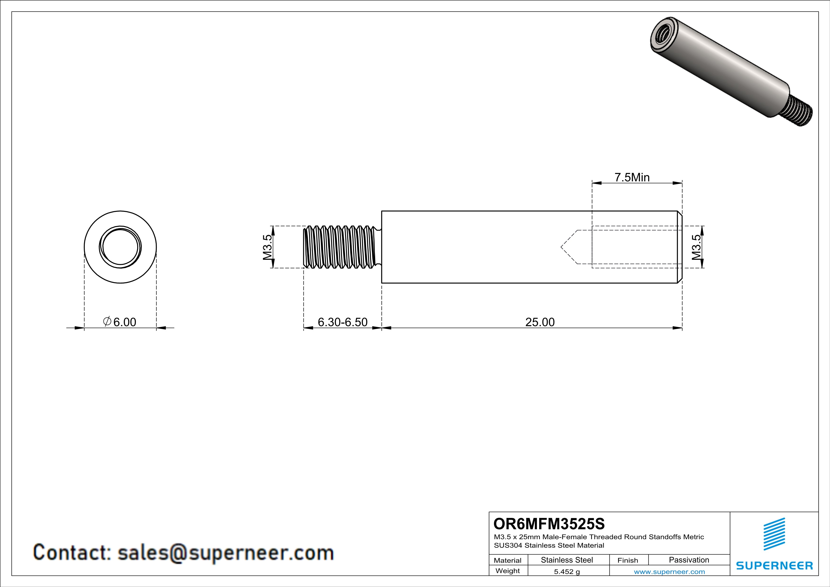 M3.5 x 25mm Male-Female Threaded Round Standoffs Metric SUS303 Stainless Steel Inox Material