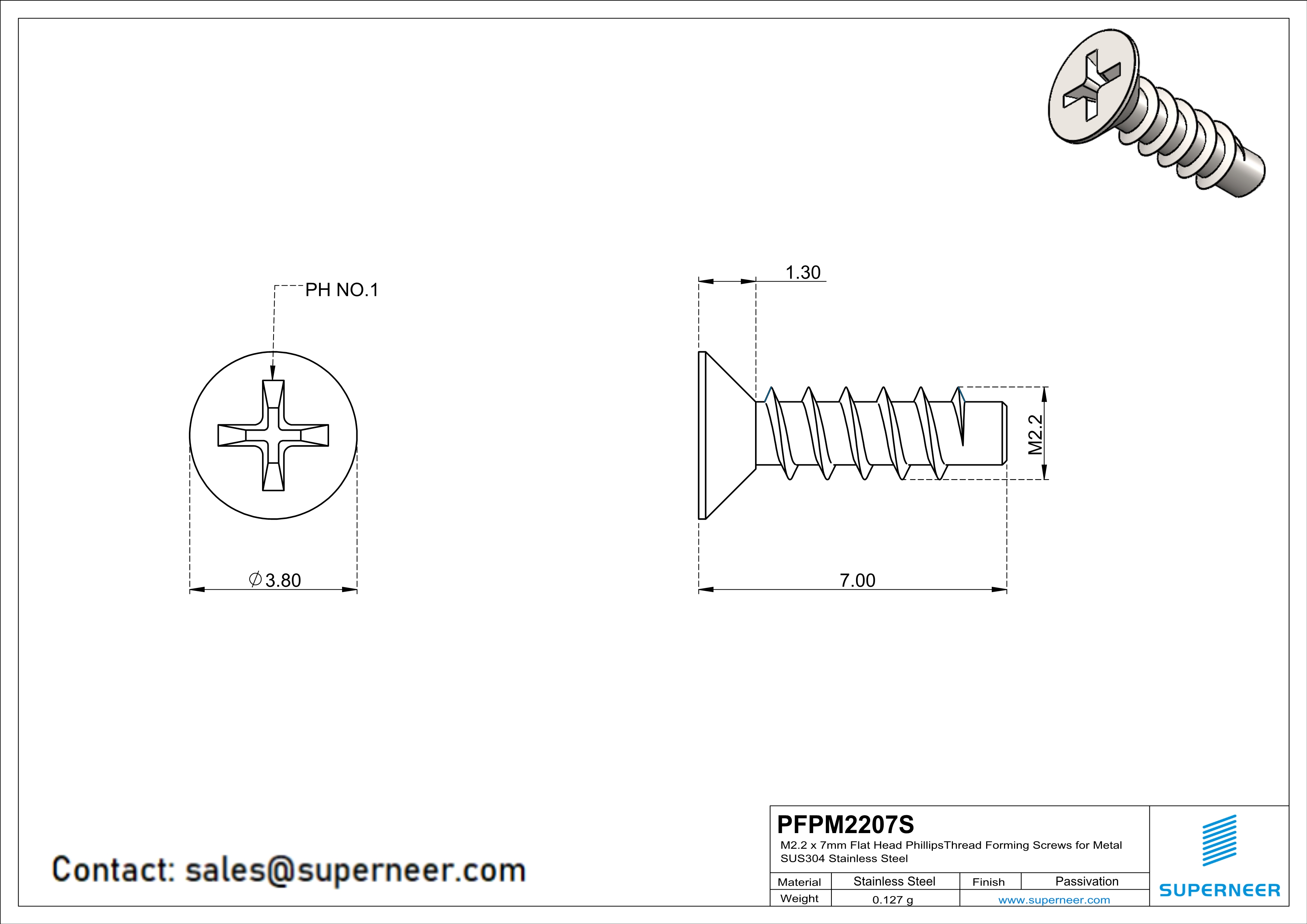 M2.2 × 7mm  Flat Head Phillips Thread Foming Screws for Plastic SUS304 Stainless Steel Inox