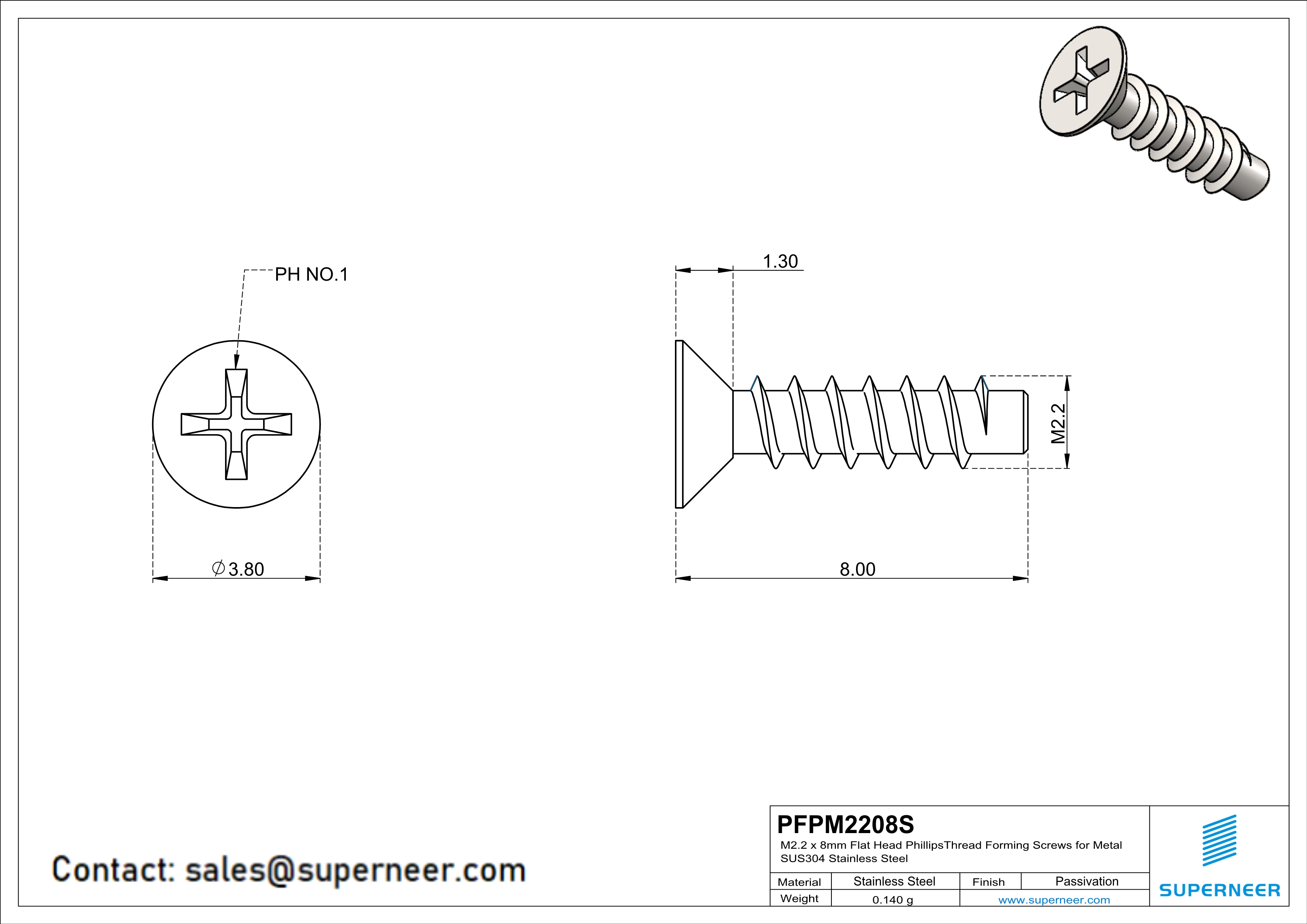 M2.2 × 8mm  Flat Head Phillips Thread Foming Screws for Plastic SUS304 Stainless Steel Inox