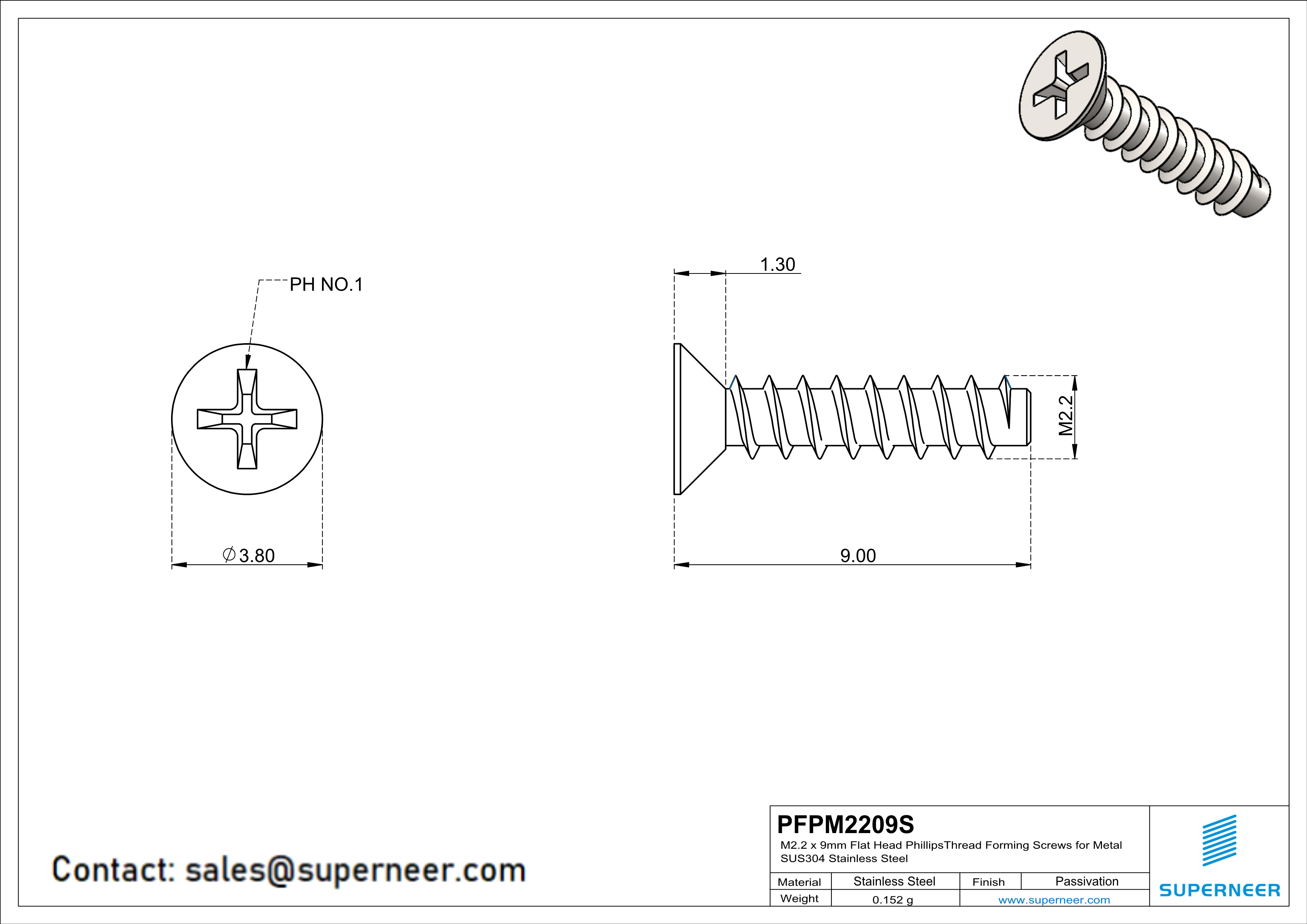 M2.2 × 9mm  Flat Head Phillips Thread Foming Screws for Plastic SUS304 Stainless Steel Inox