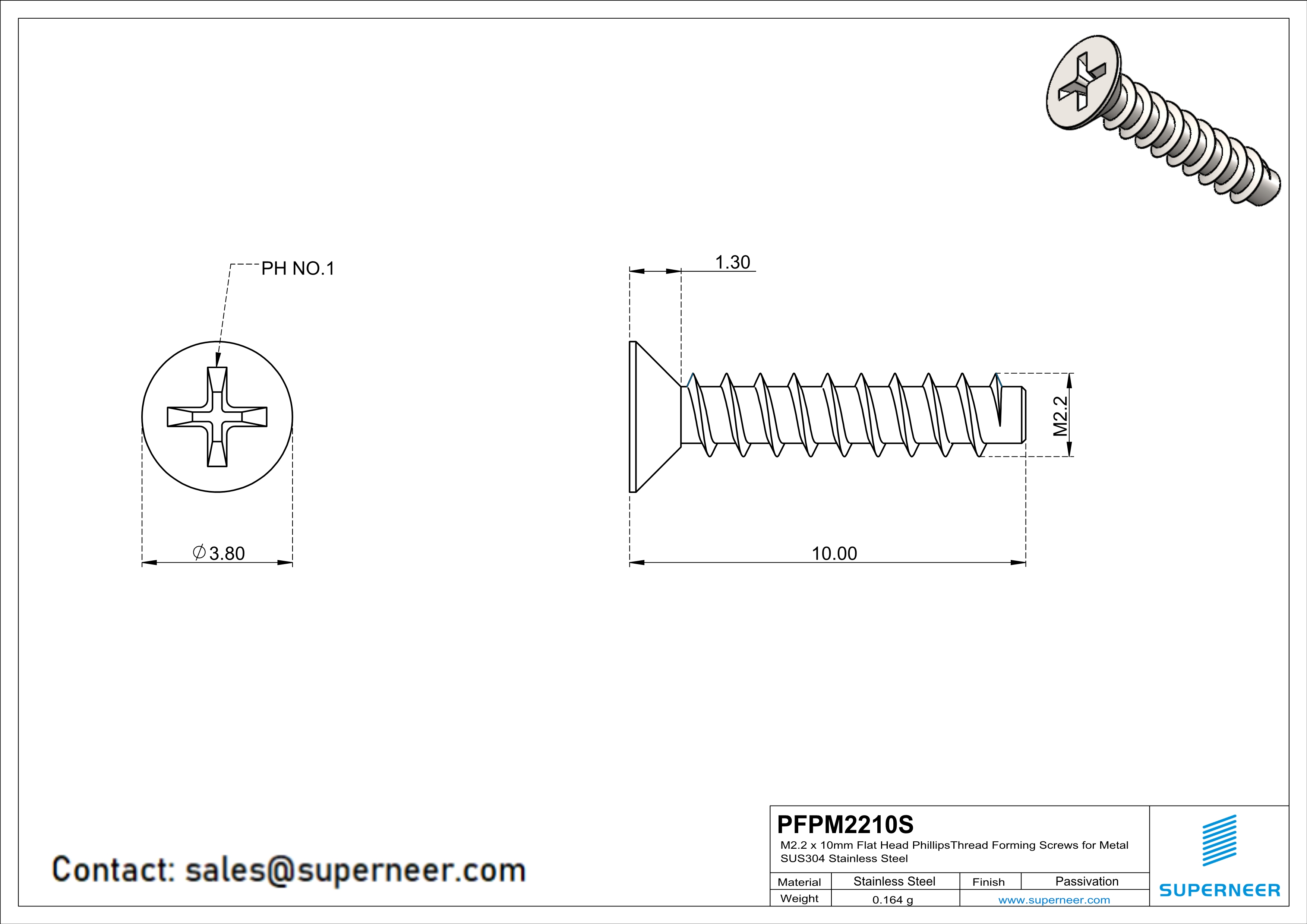 M2.2 × 10mm  Flat Head Phillips Thread Foming Screws for Plastic SUS304 Stainless Steel Inox