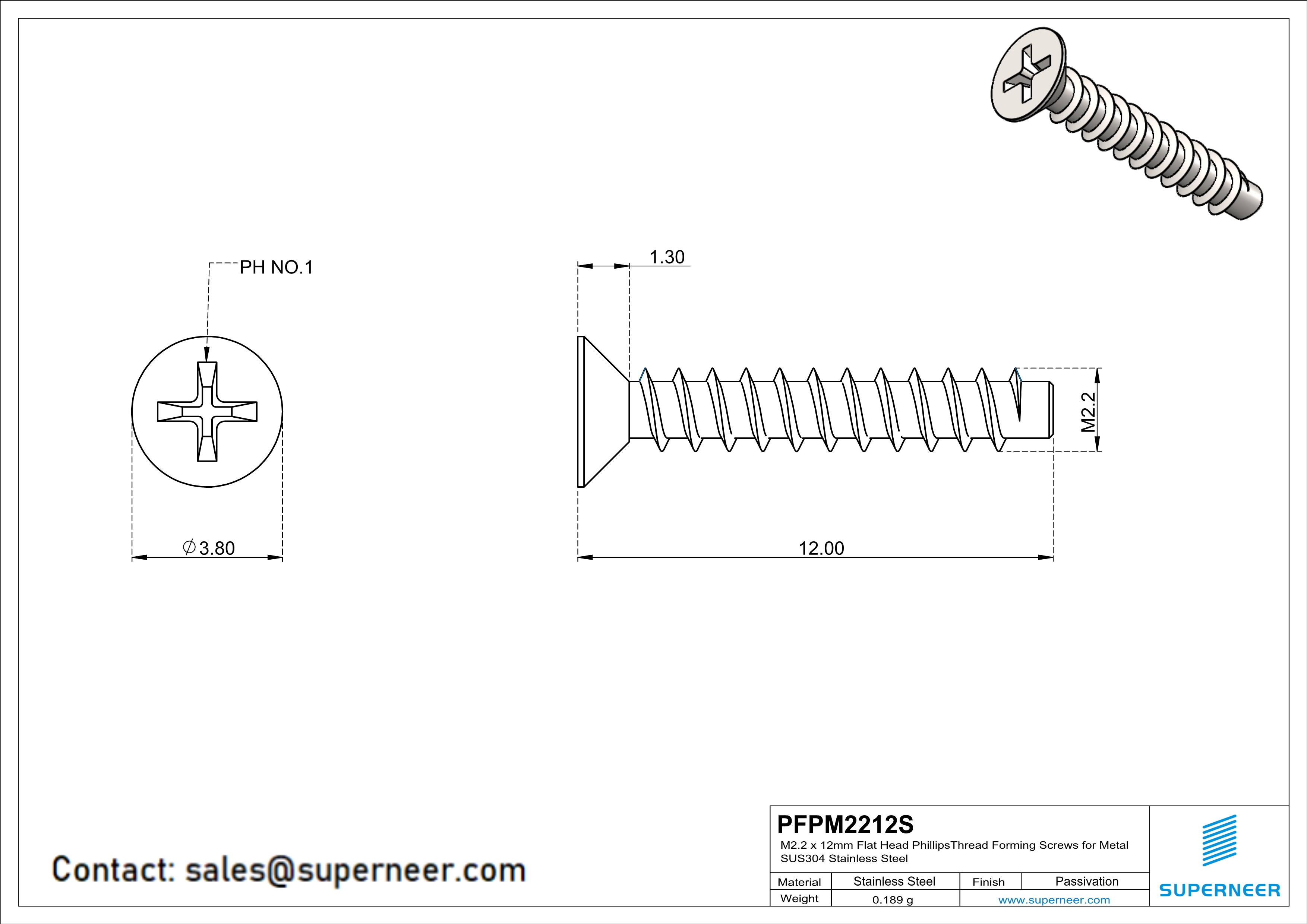 M2.2 × 12mm  Flat Head Phillips Thread Foming Screws for Plastic SUS304 Stainless Steel Inox