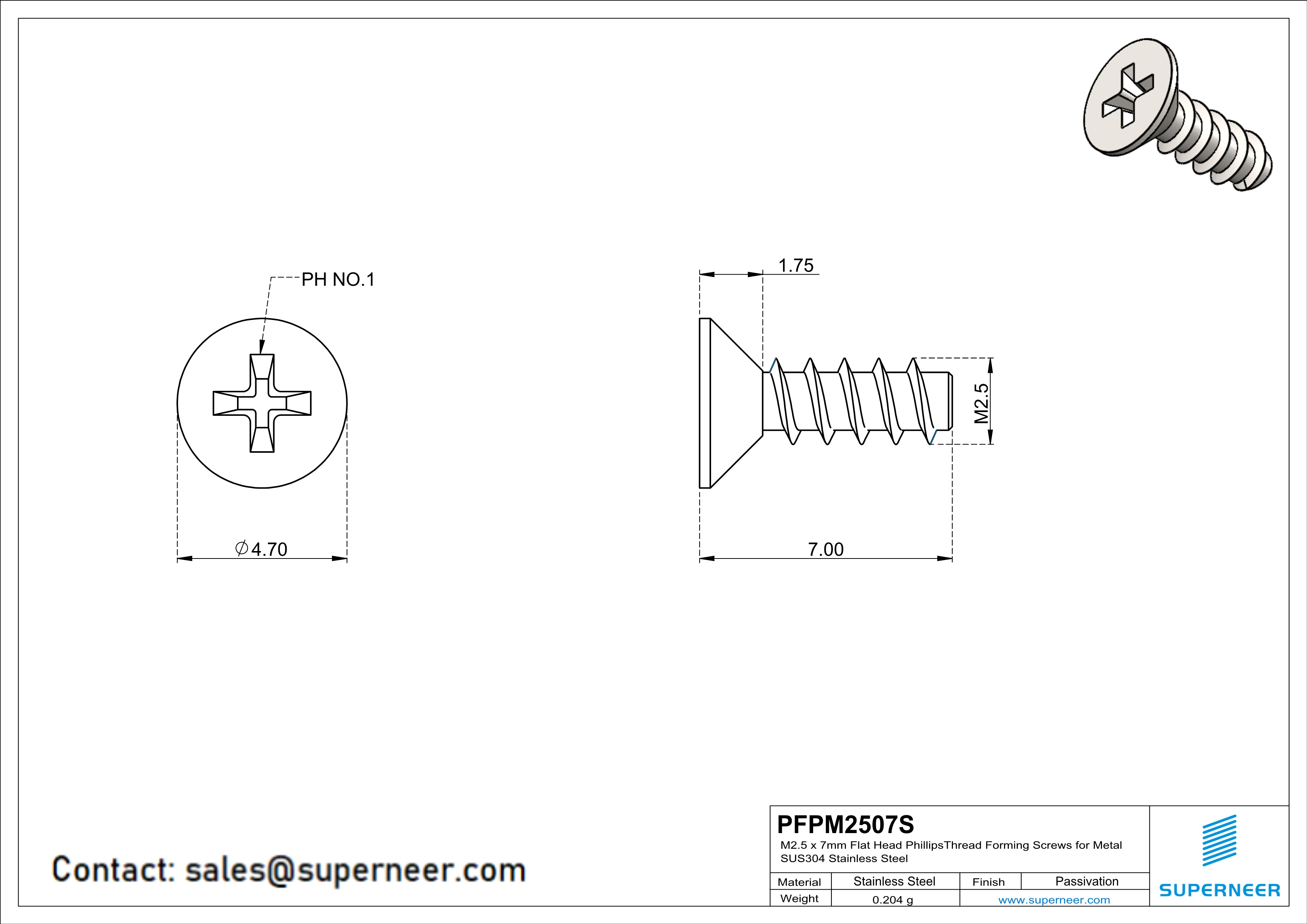 M2.5 × 7mm  Flat Head Phillips Thread Foming Screws for Plastic SUS304 Stainless Steel Inox