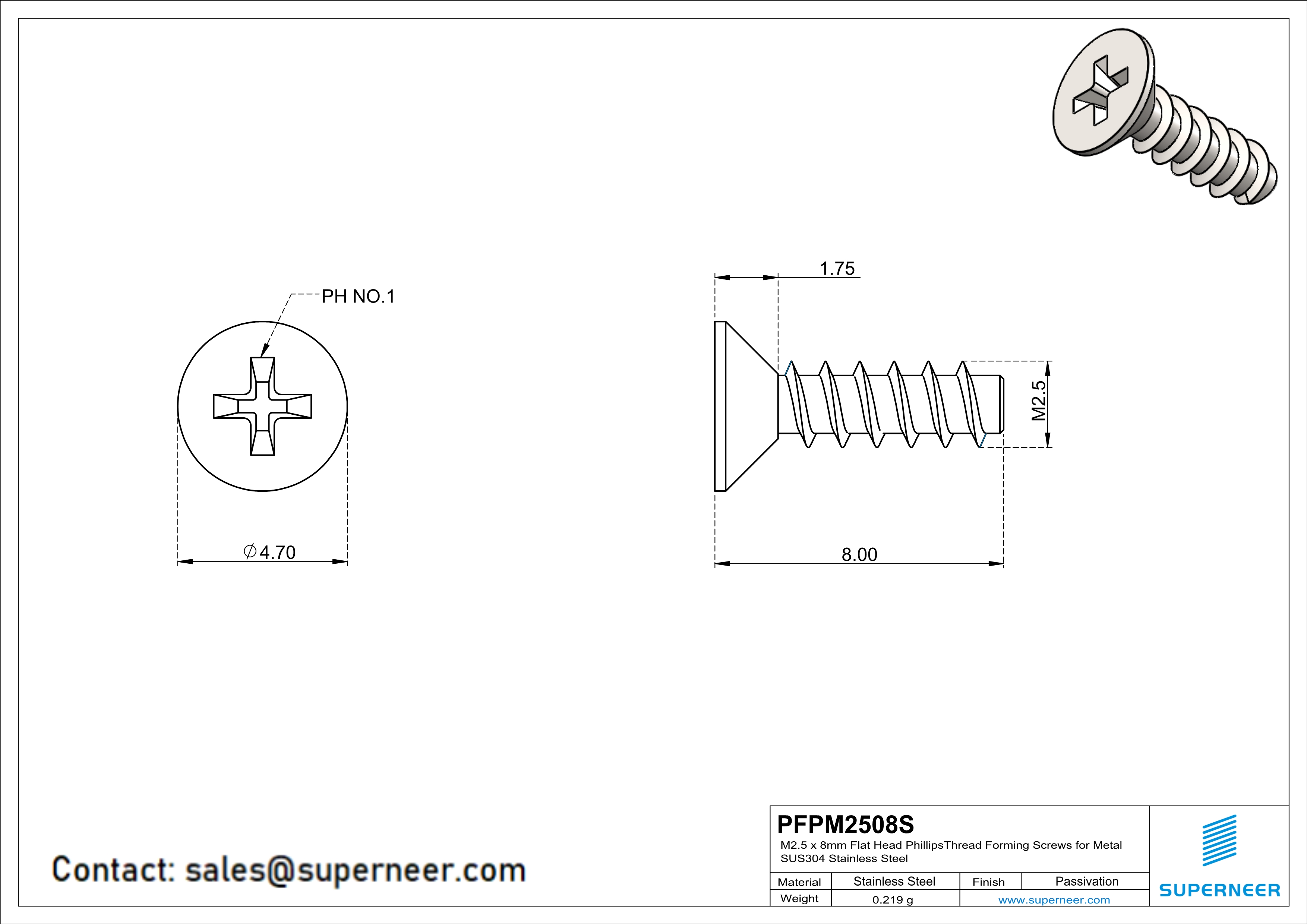 M2.5 × 8mm  Flat Head Phillips Thread Foming Screws for Plastic SUS304 Stainless Steel Inox