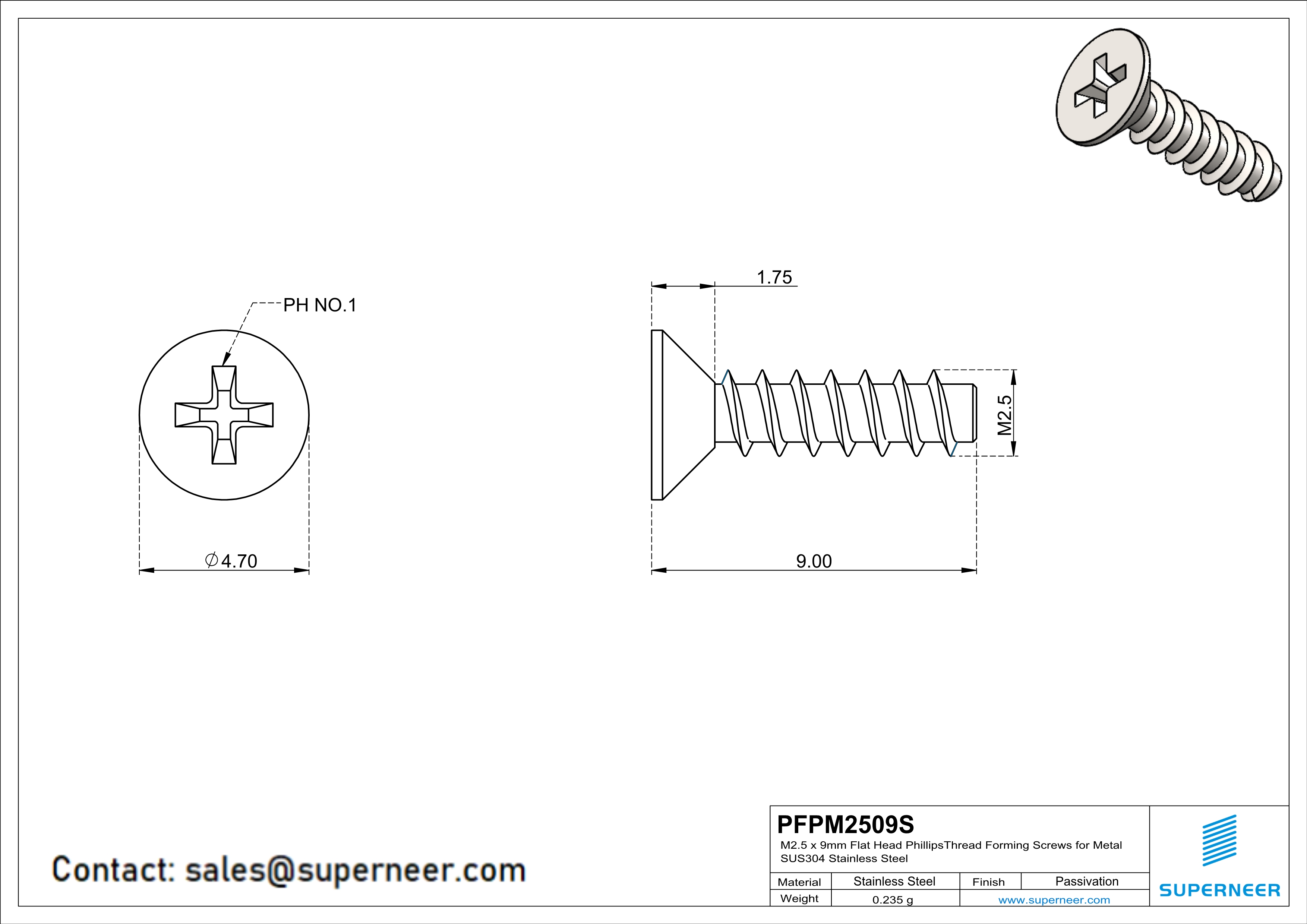 M2.5 × 9mm  Flat Head Phillips Thread Foming Screws for Plastic SUS304 Stainless Steel Inox