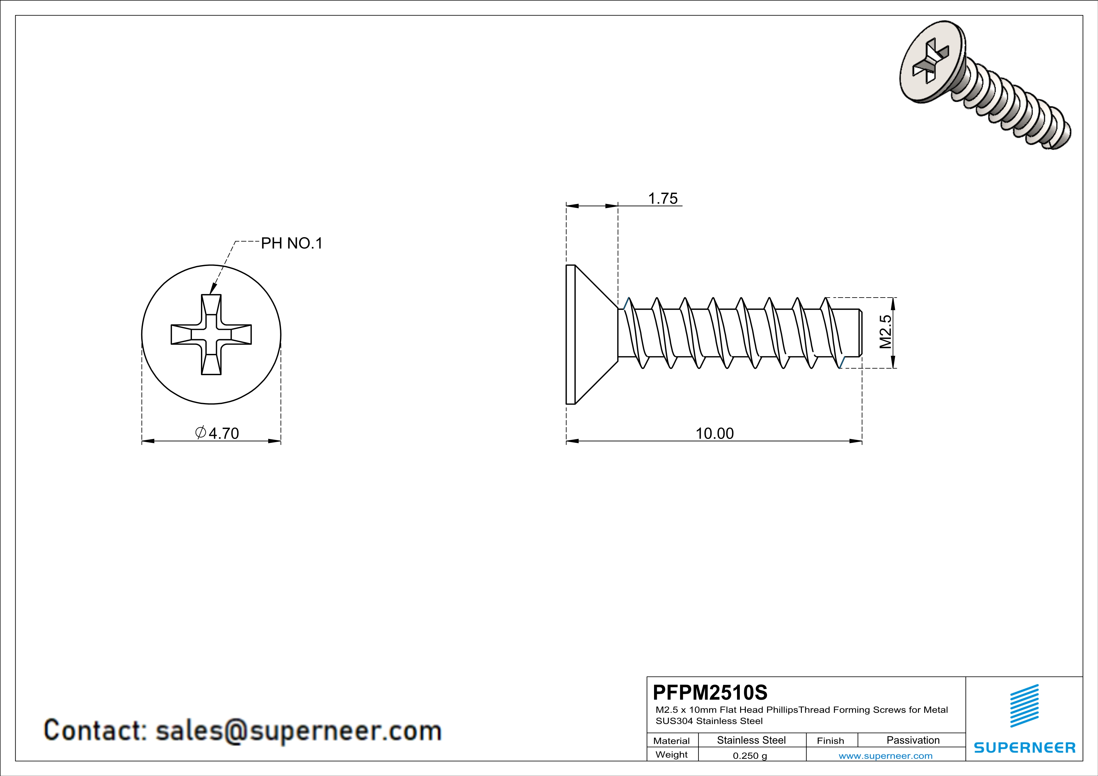 M2.5 × 10mm  Flat Head Phillips Thread Foming Screws for Plastic SUS304 Stainless Steel Inox