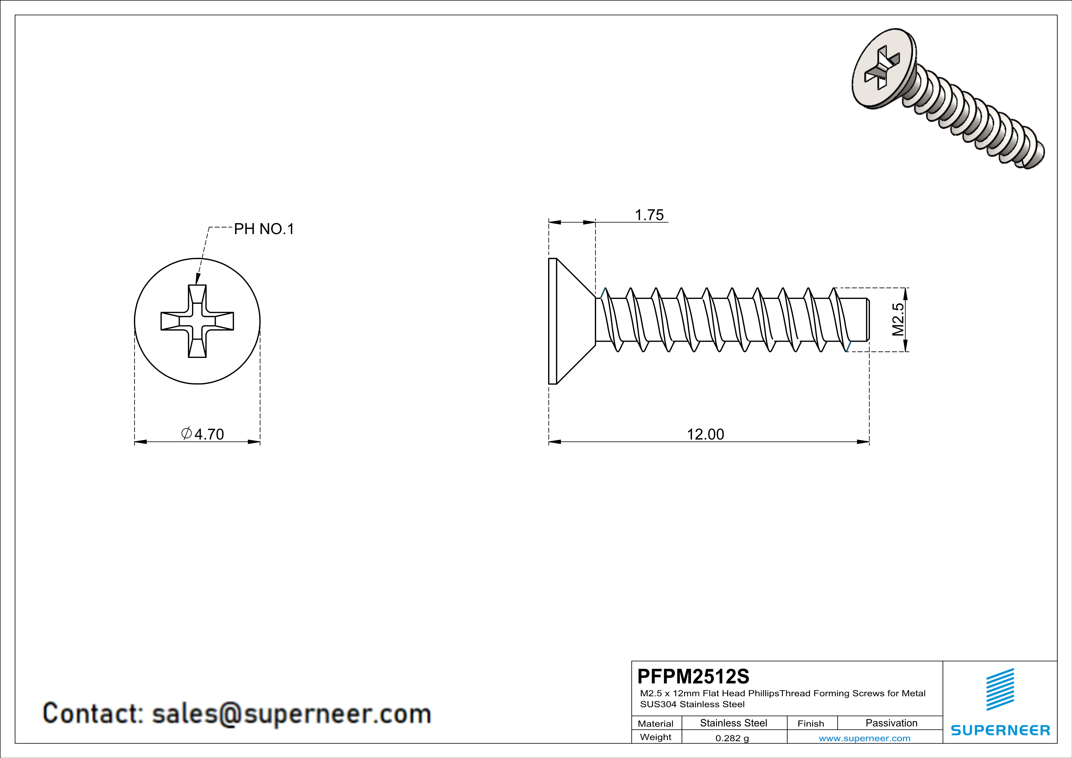 M2.5 × 12mm  Flat Head Phillips Thread Foming Screws for Plastic SUS304 Stainless Steel Inox