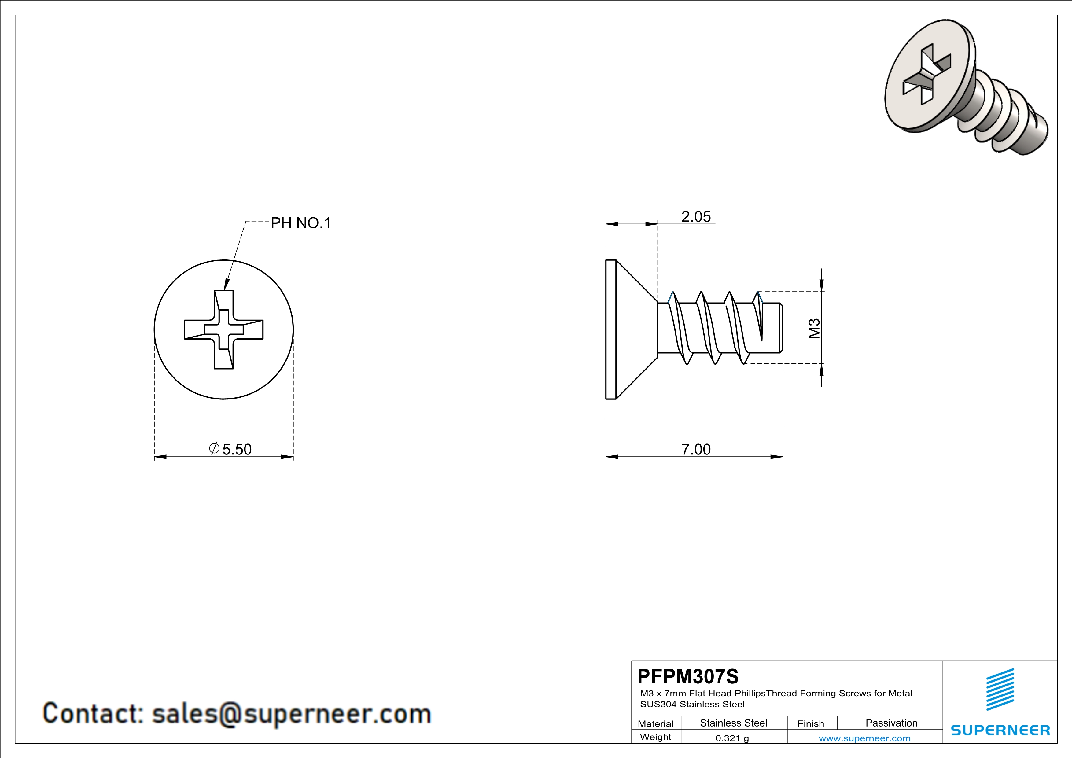 M3 × 7mm  Flat Head Phillips Thread Foming Screws for Plastic SUS304 Stainless Steel Inox