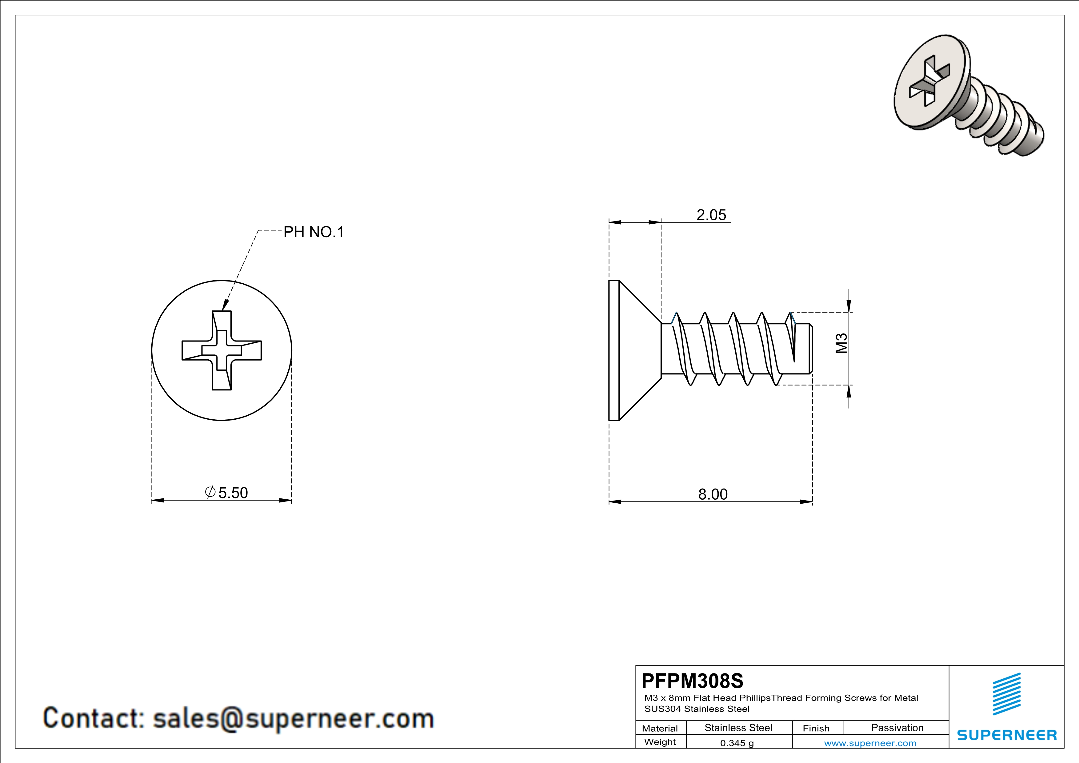 M3 × 8mm  Flat Head Phillips Thread Foming Screws for Plastic SUS304 Stainless Steel Inox