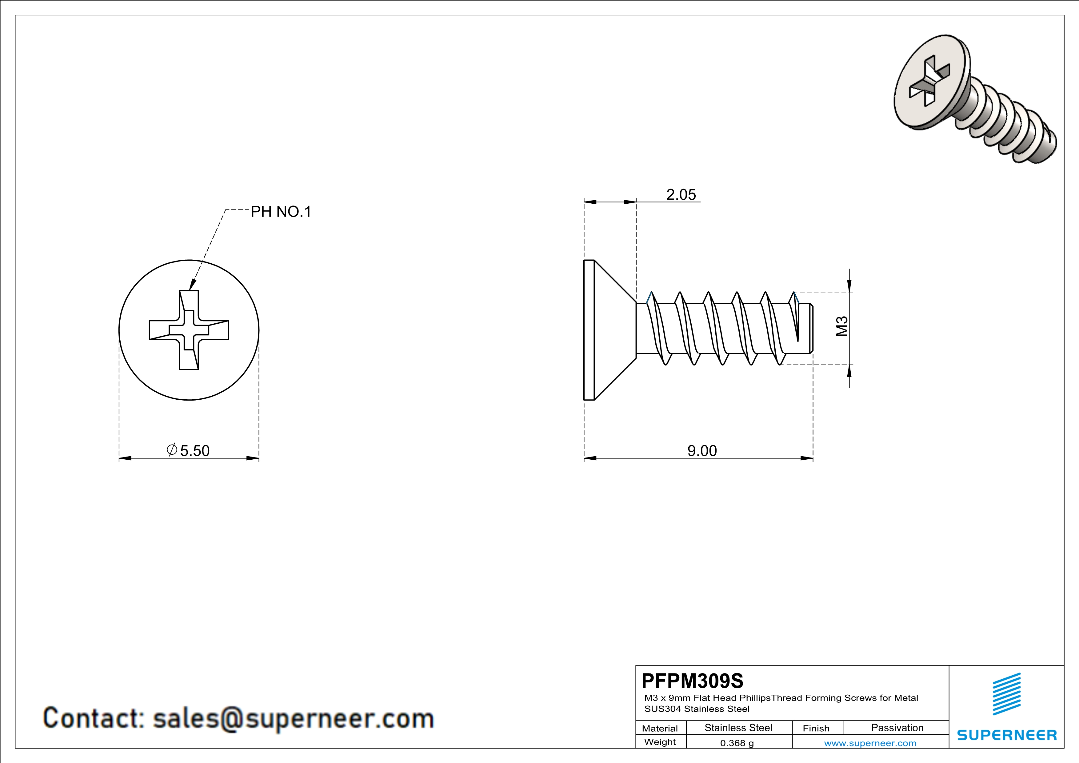 M3 × 9mm  Flat Head Phillips Thread Foming Screws for Plastic SUS304 Stainless Steel Inox