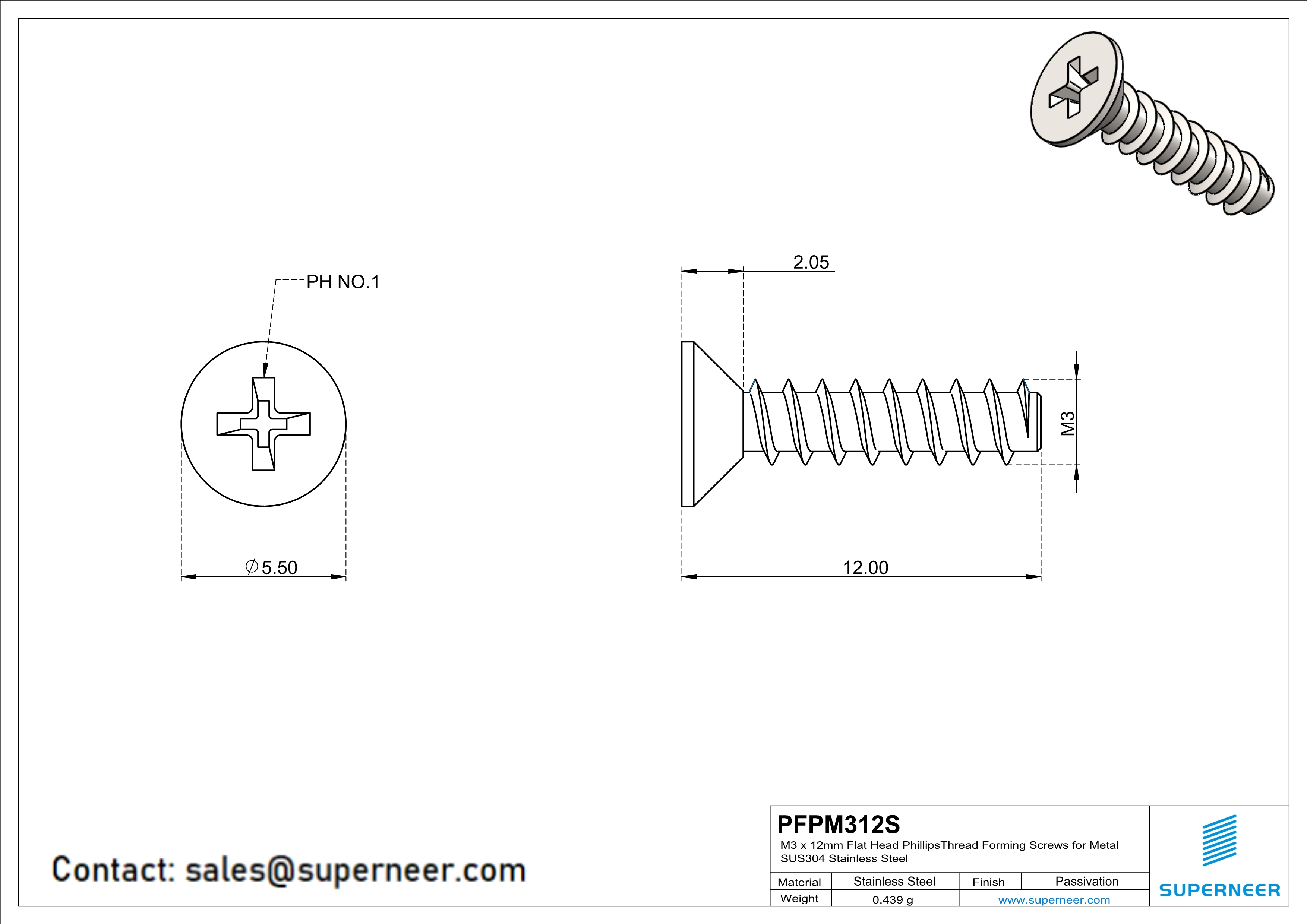 M3 × 12mm  Flat Head Phillips Thread Foming Screws for Plastic SUS304 Stainless Steel Inox