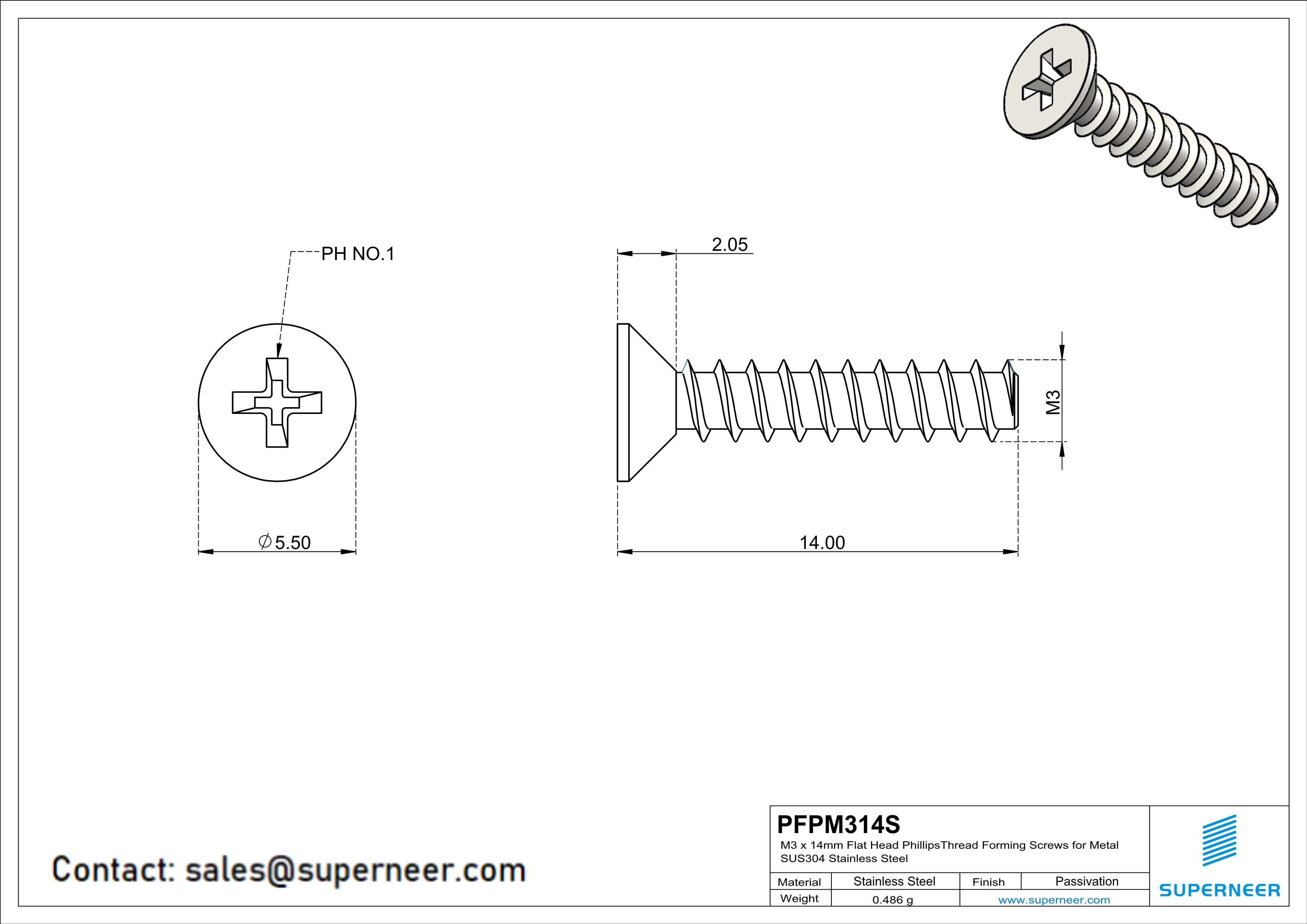 M3 × 14mm  Flat Head Phillips Thread Foming Screws for Plastic SUS304 Stainless Steel Inox