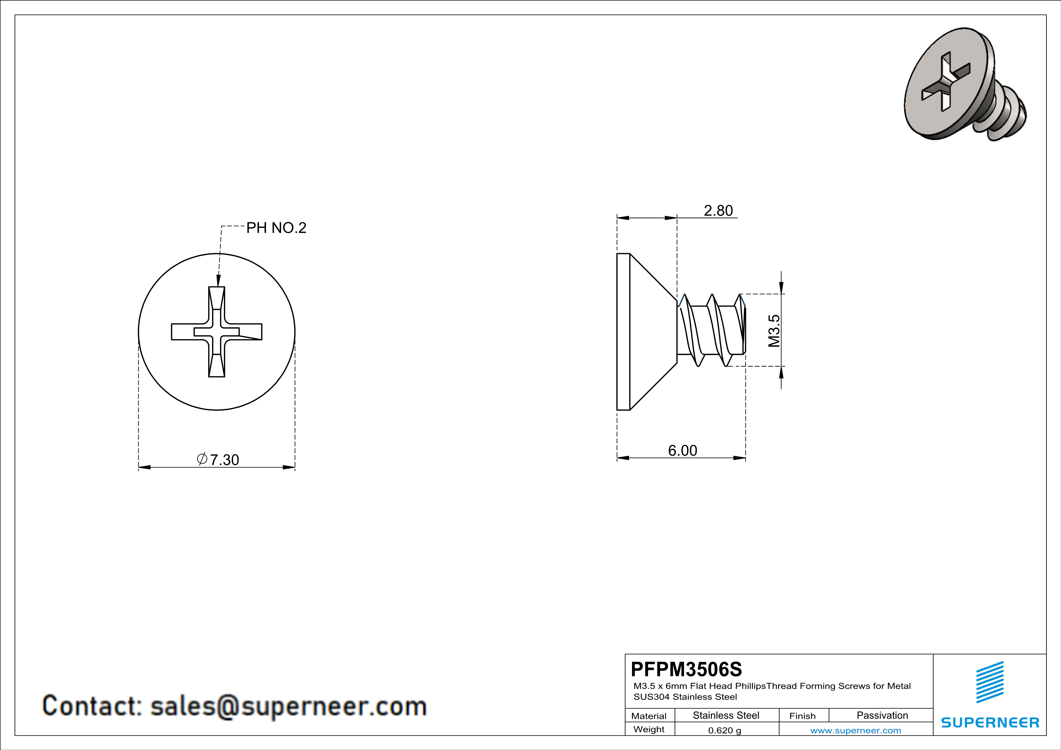 M3.5 × 6mm  Flat Head Phillips Thread Foming Screws for Plastic SUS304 Stainless Steel Inox