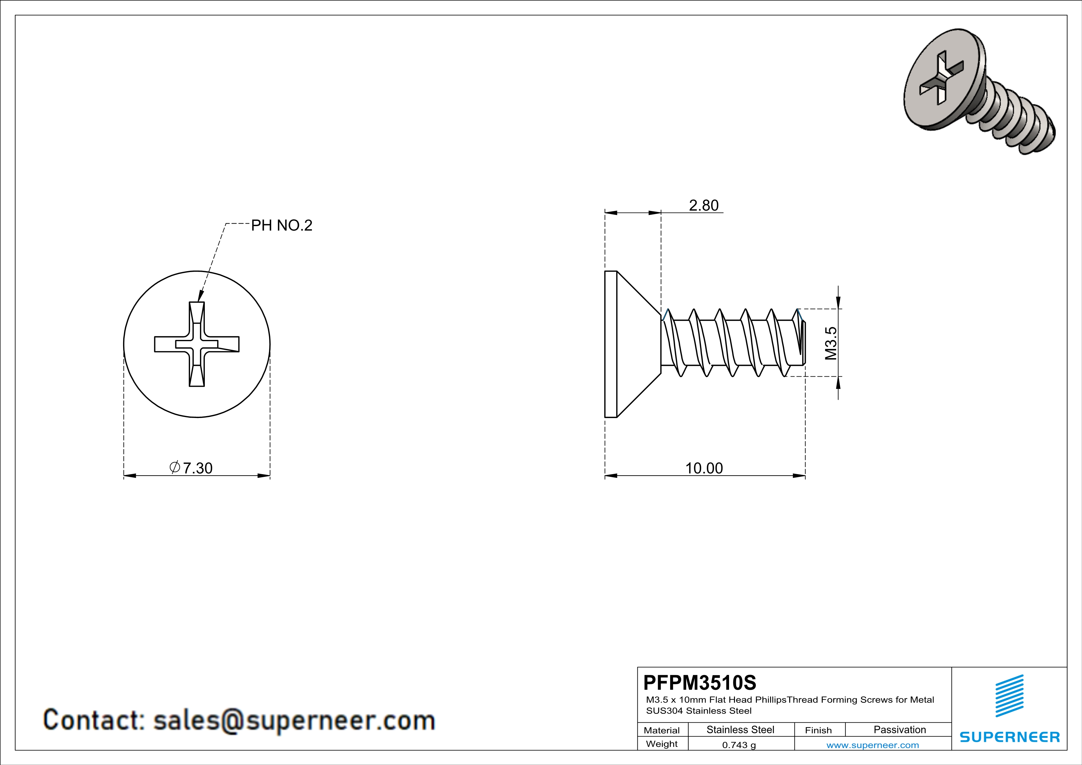 M3.5 × 10mm  Flat Head Phillips Thread Foming Screws for Plastic SUS304 Stainless Steel Inox