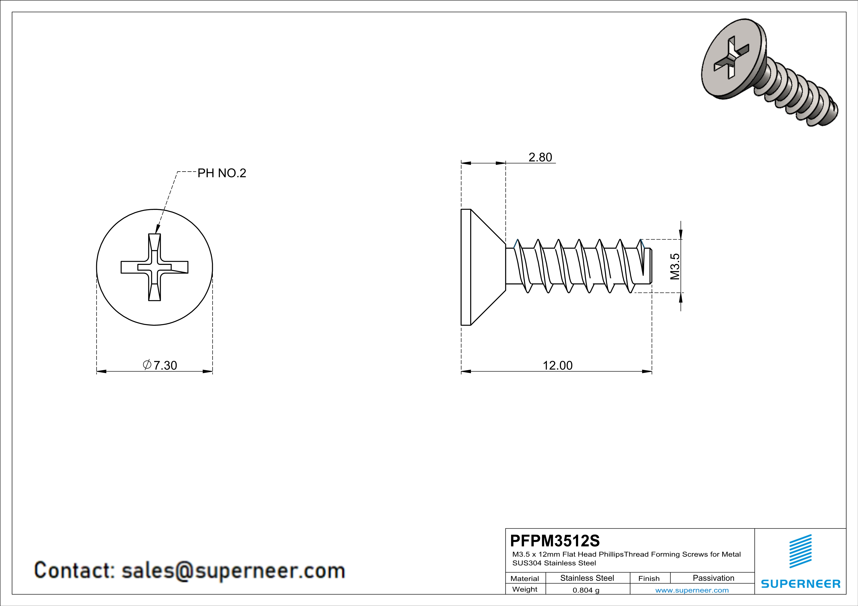 M3.5 × 12mm  Flat Head Phillips Thread Foming Screws for Plastic SUS304 Stainless Steel Inox