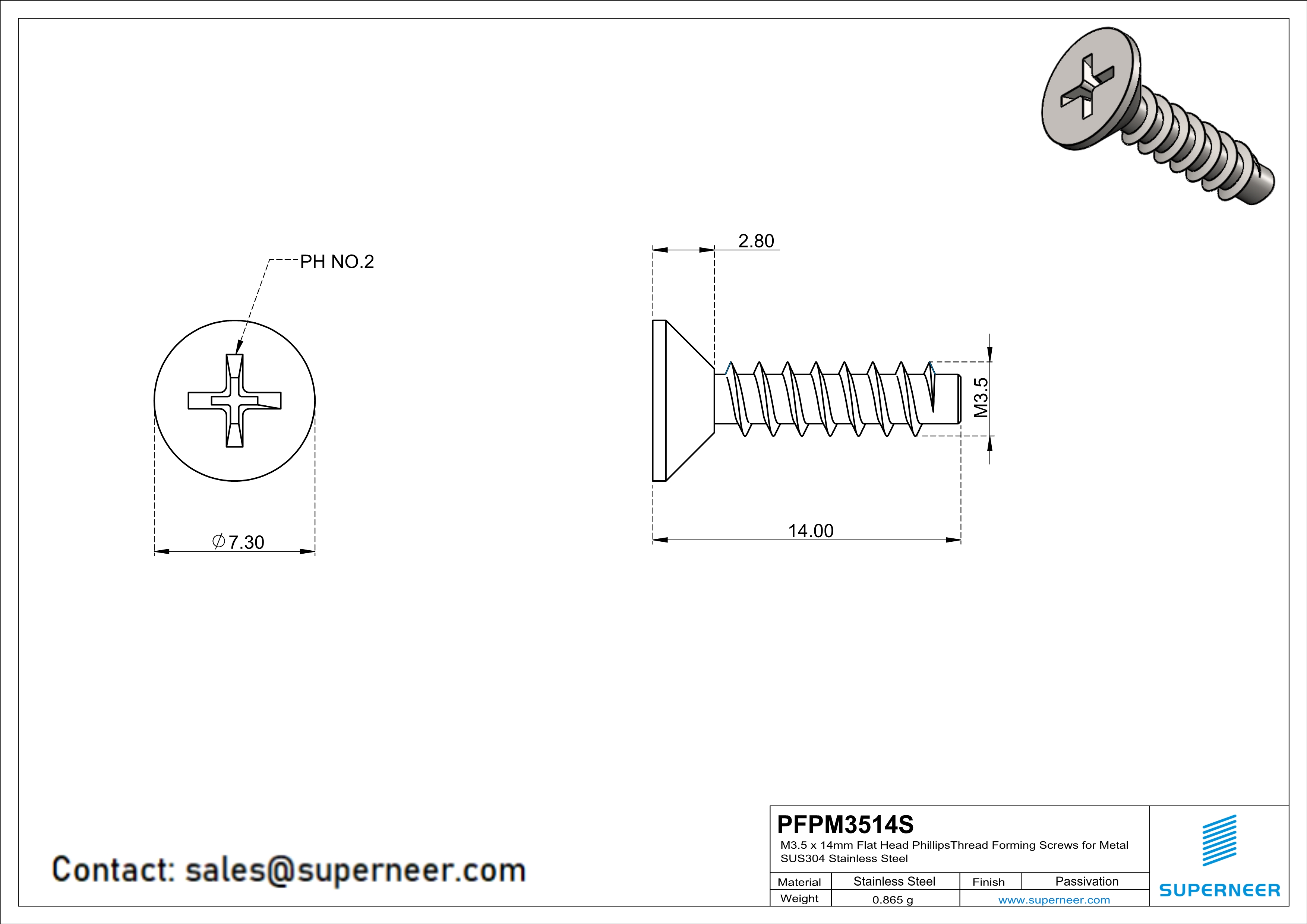 M3.5 × 14mm  Flat Head Phillips Thread Foming Screws for Plastic SUS304 Stainless Steel Inox