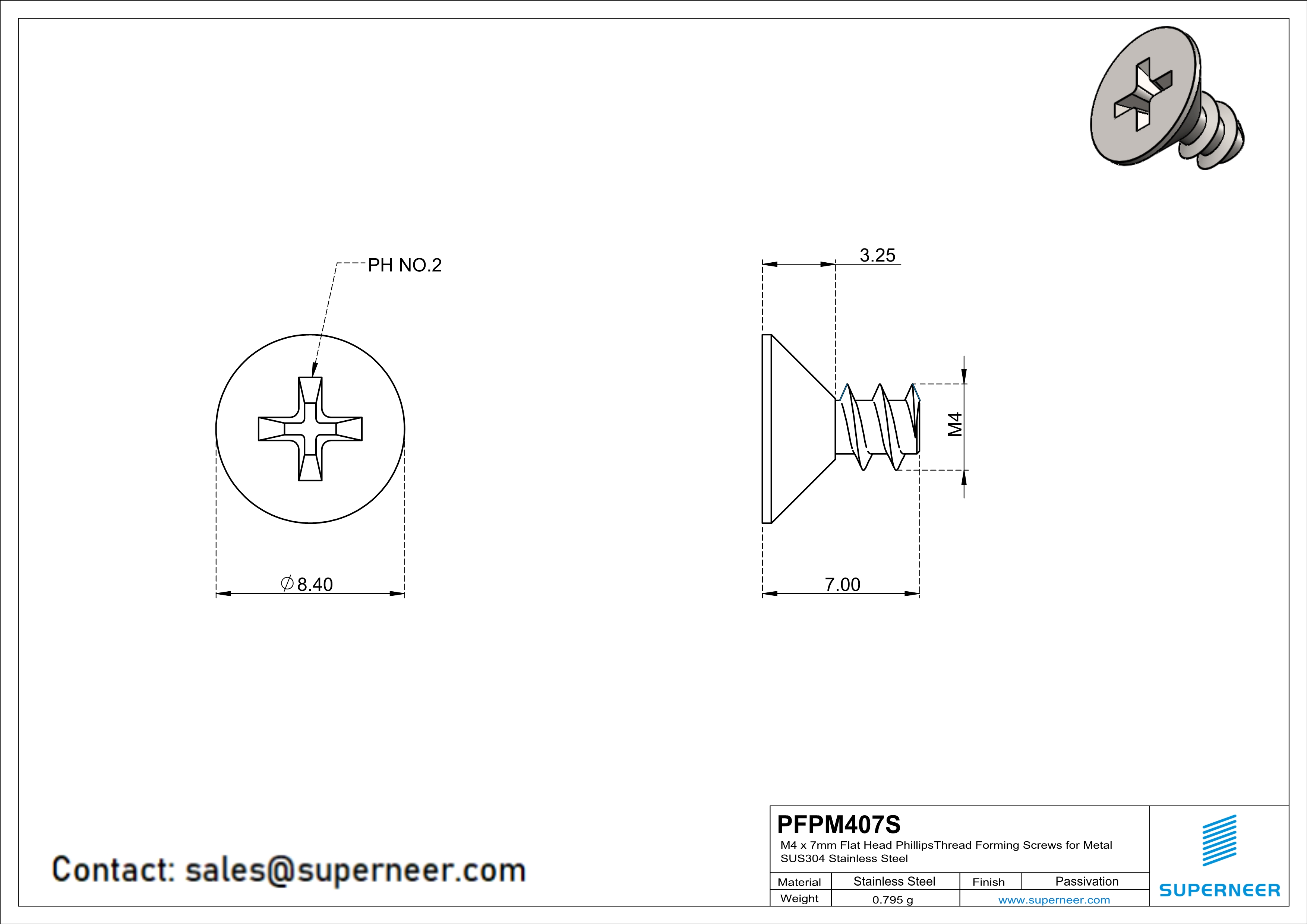 M4 × 7mm  Flat Head Phillips Thread Foming Screws for Plastic SUS304 Stainless Steel Inox