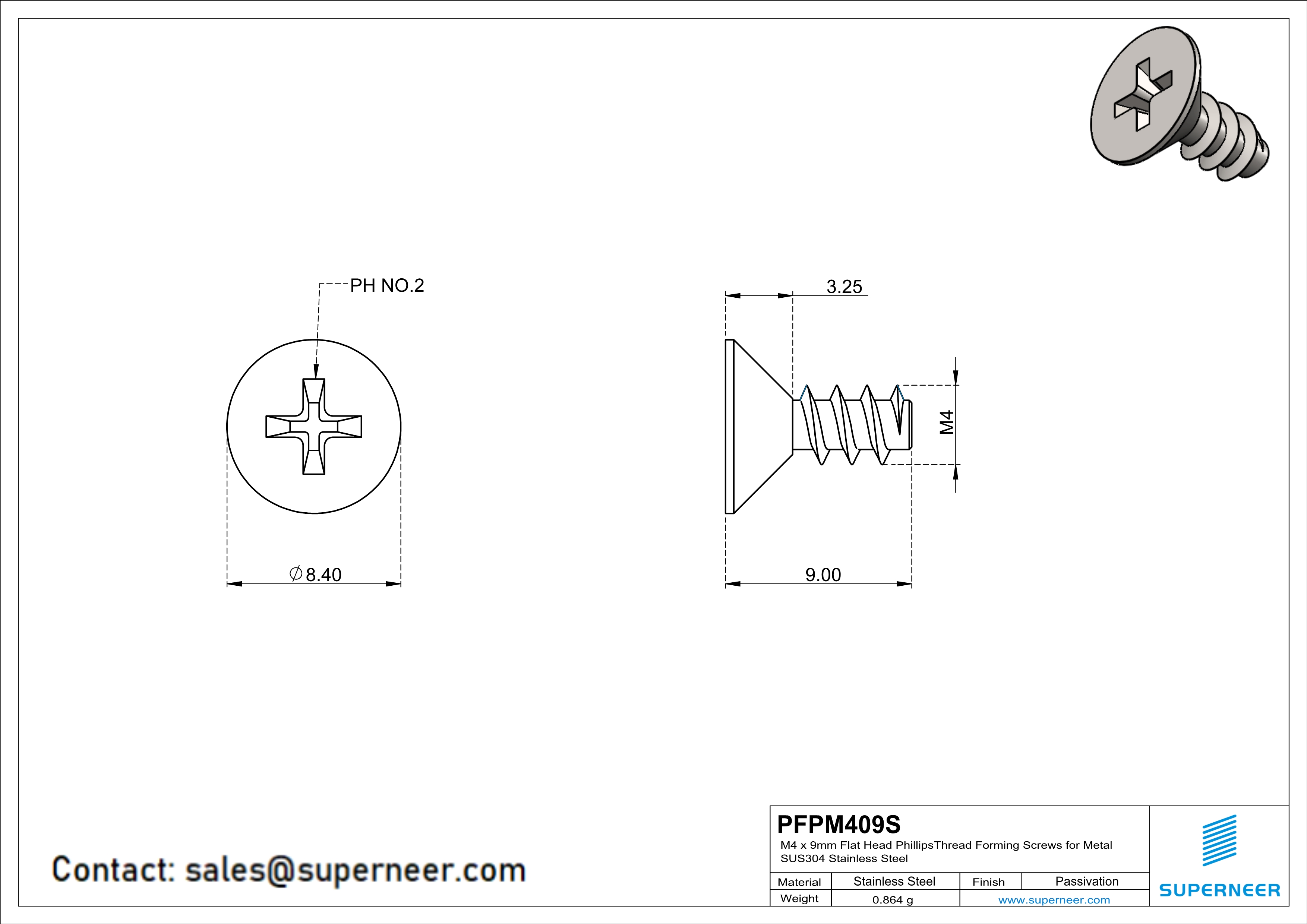 M4 × 9mm  Flat Head Phillips Thread Foming Screws for Plastic SUS304 Stainless Steel Inox