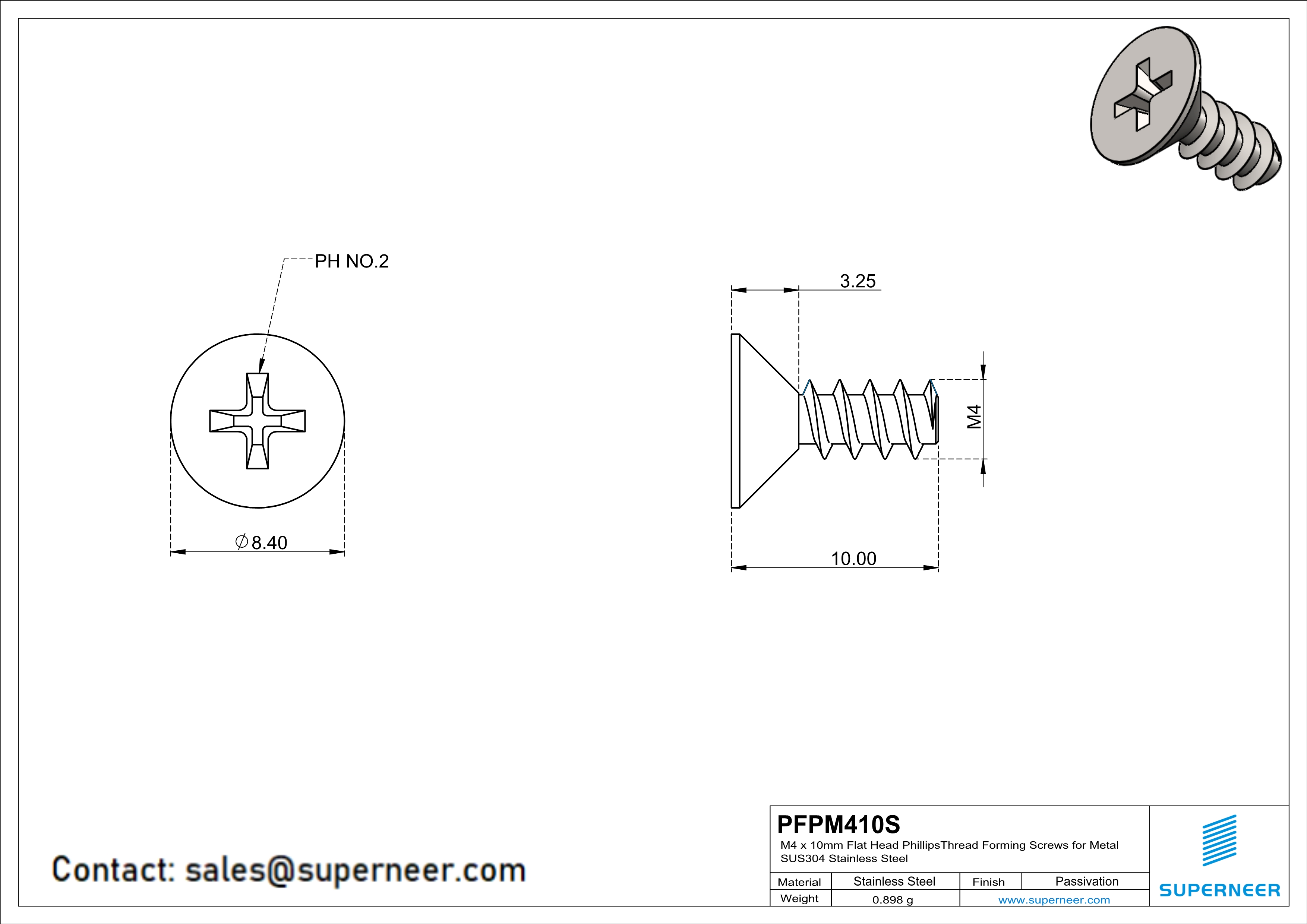 M4 × 10mm  Flat Head Phillips Thread Foming Screws for Plastic SUS304 Stainless Steel Inox