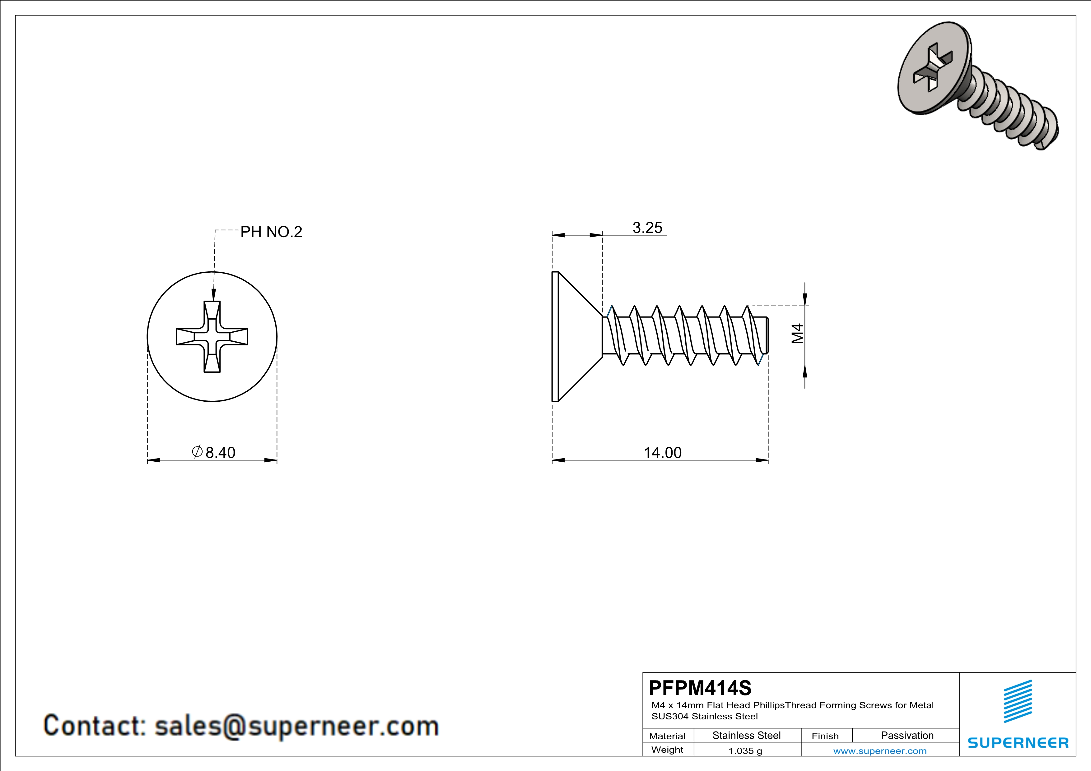 M4 × 14mm  Flat Head Phillips Thread Foming Screws for Plastic SUS304 Stainless Steel Inox