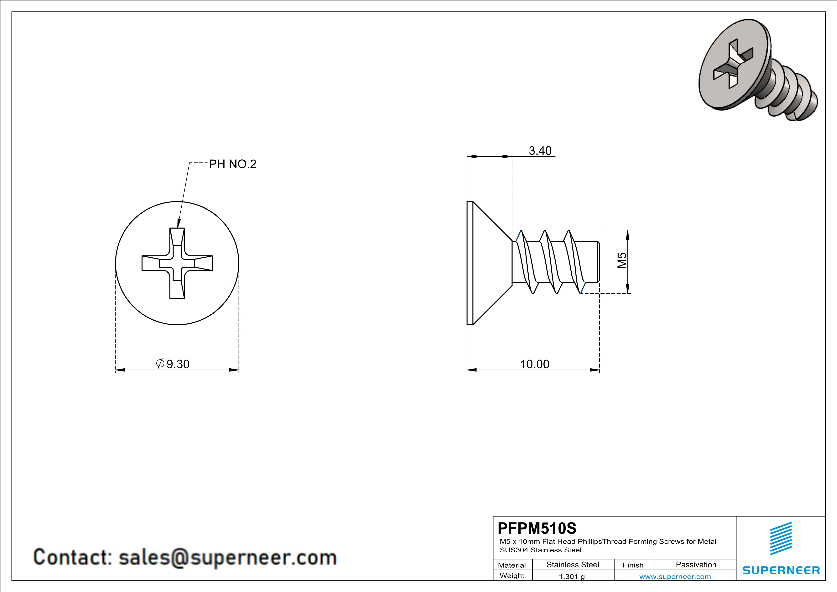 M5 × 10mm  Flat Head Phillips Thread Foming Screws for Plastic SUS304 Stainless Steel Inox