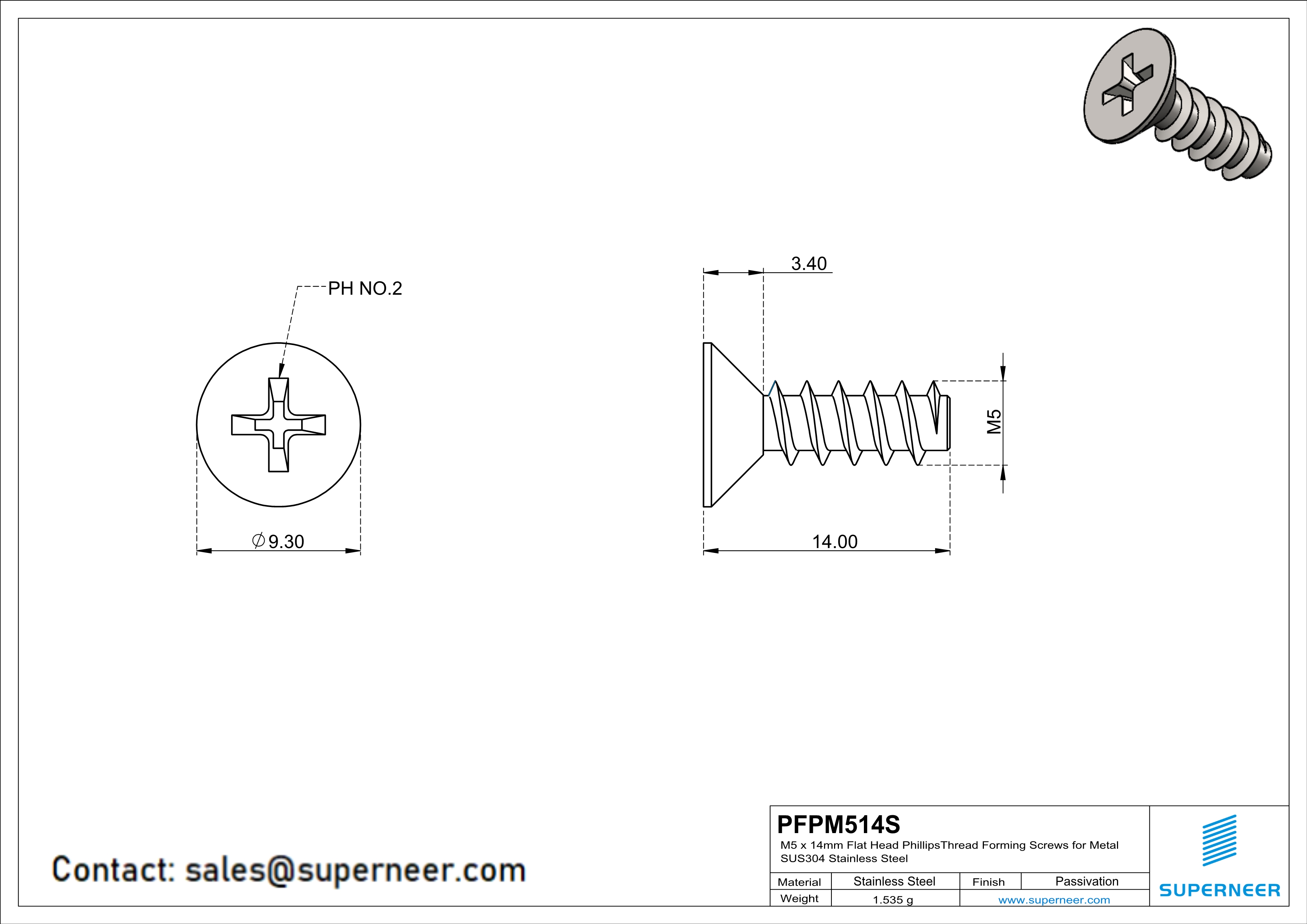 M5 × 14mm  Flat Head Phillips Thread Foming Screws for Plastic SUS304 Stainless Steel Inox