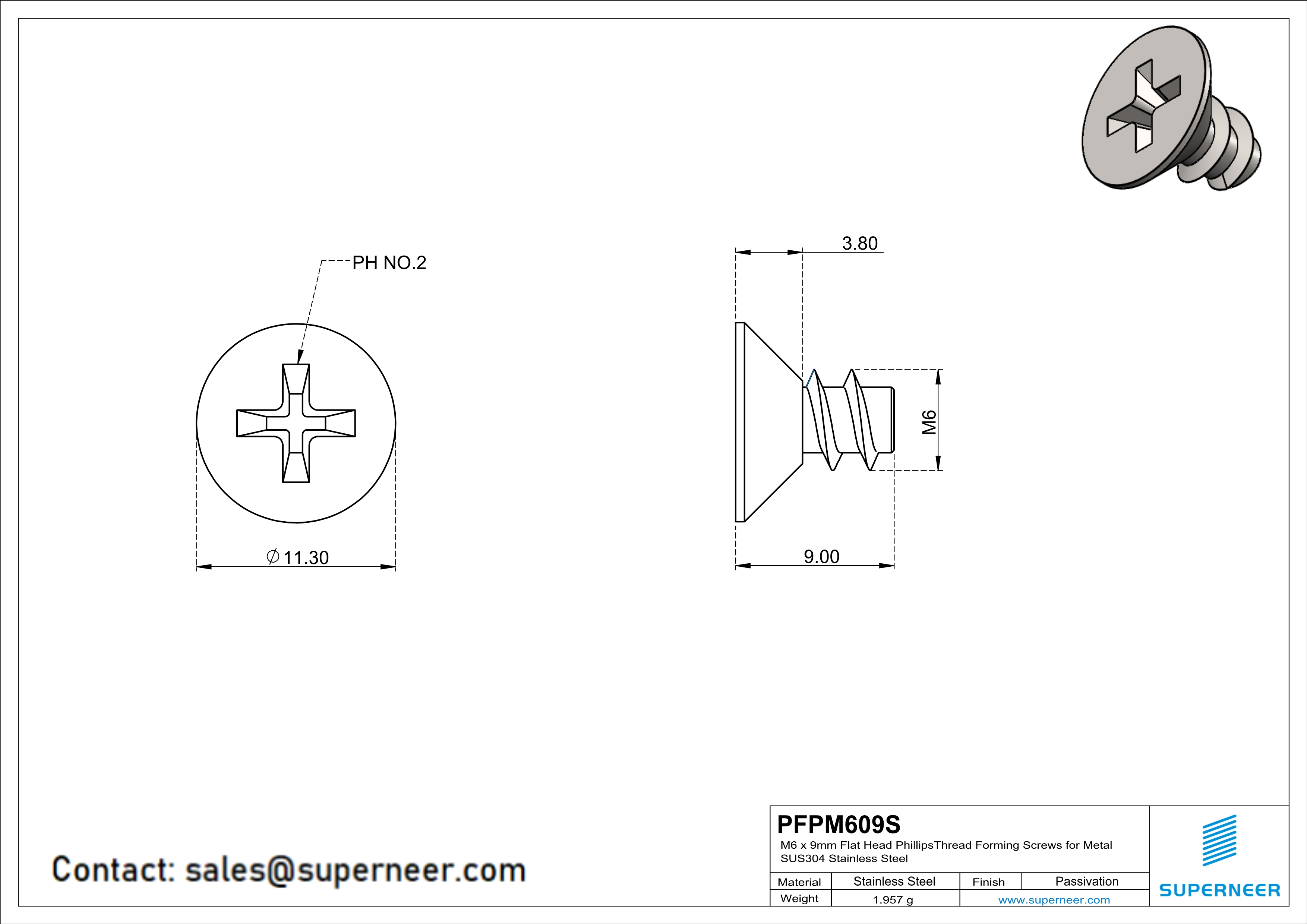 M6 × 9mm  Flat Head Phillips Thread Foming Screws for Plastic SUS304 Stainless Steel Inox