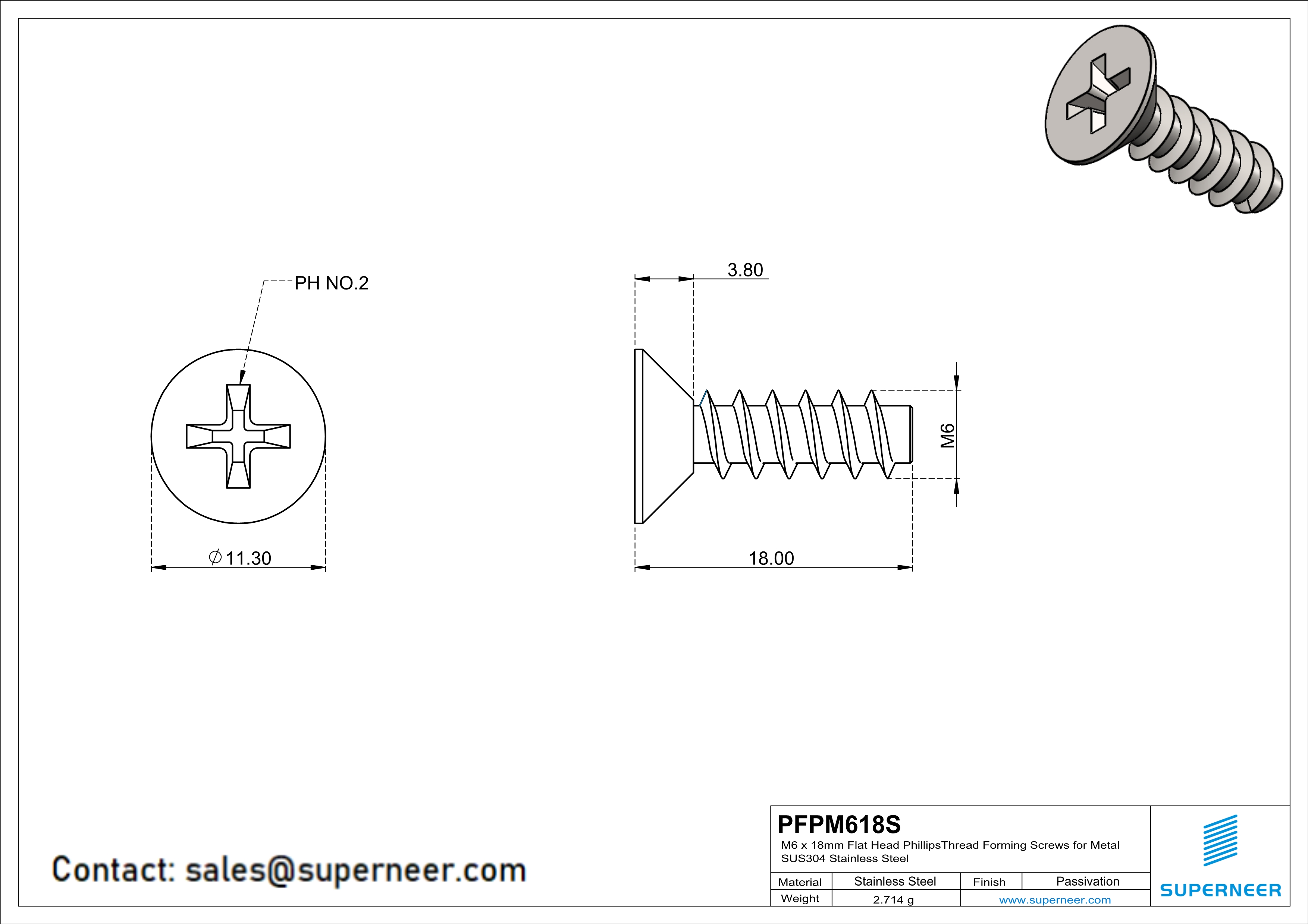 M6 × 18mm  Flat Head Phillips Thread Foming Screws for Plastic SUS304 Stainless Steel Inox