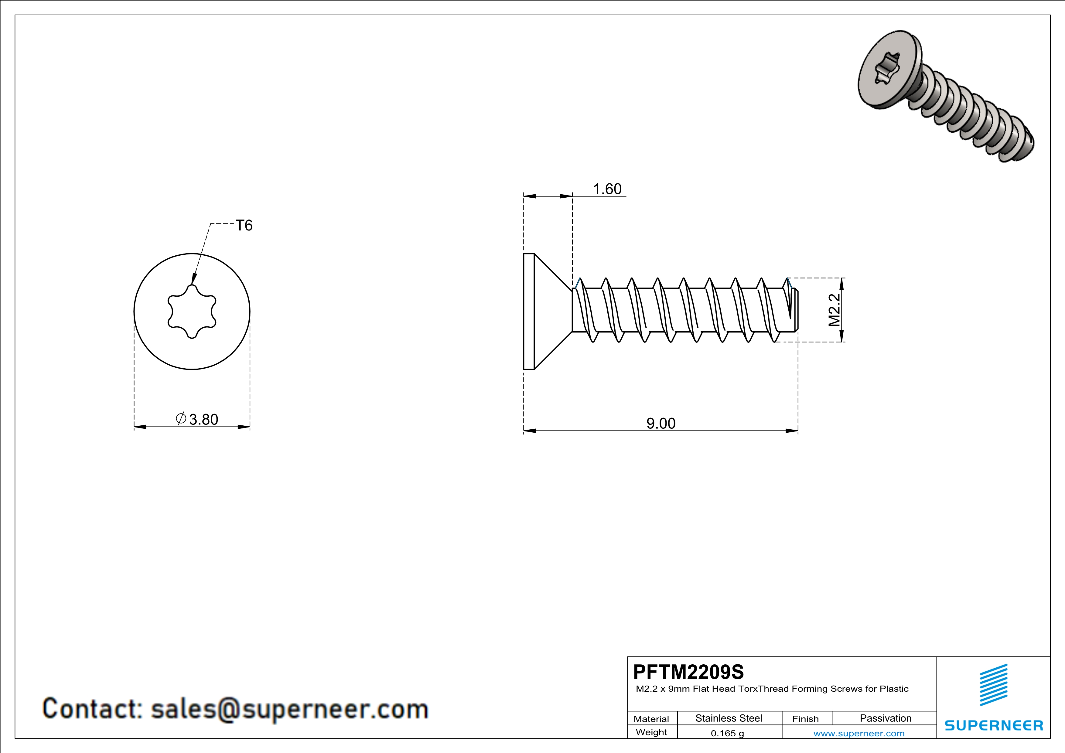 M2.2 × 9mm  Flat Head Torx Thread Foming Screws for Plastic SUS304 Stainless Steel Inox