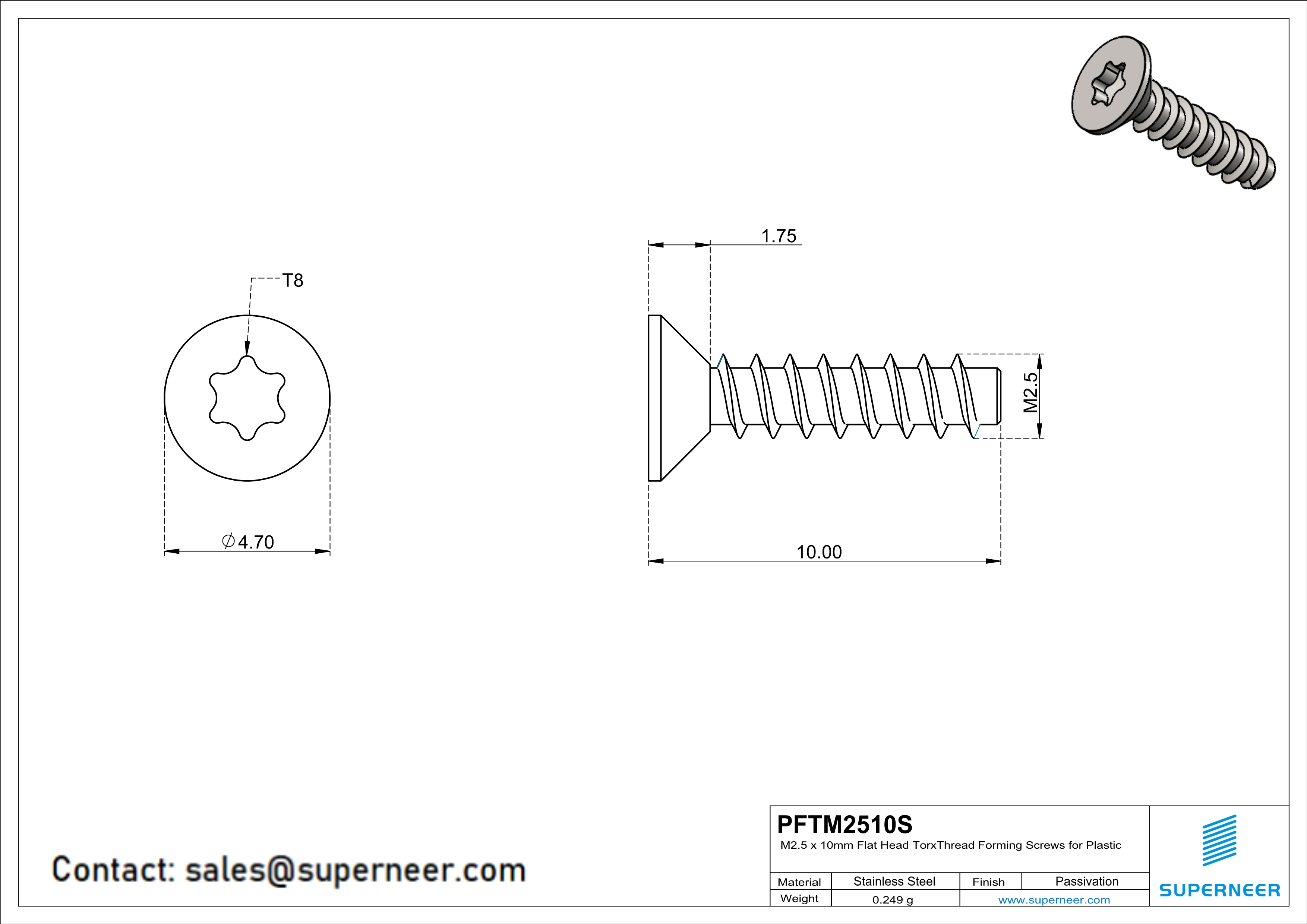 M2.5 × 10mm  Flat Head Torx Thread Foming Screws for Plastic SUS304 Stainless Steel Inox