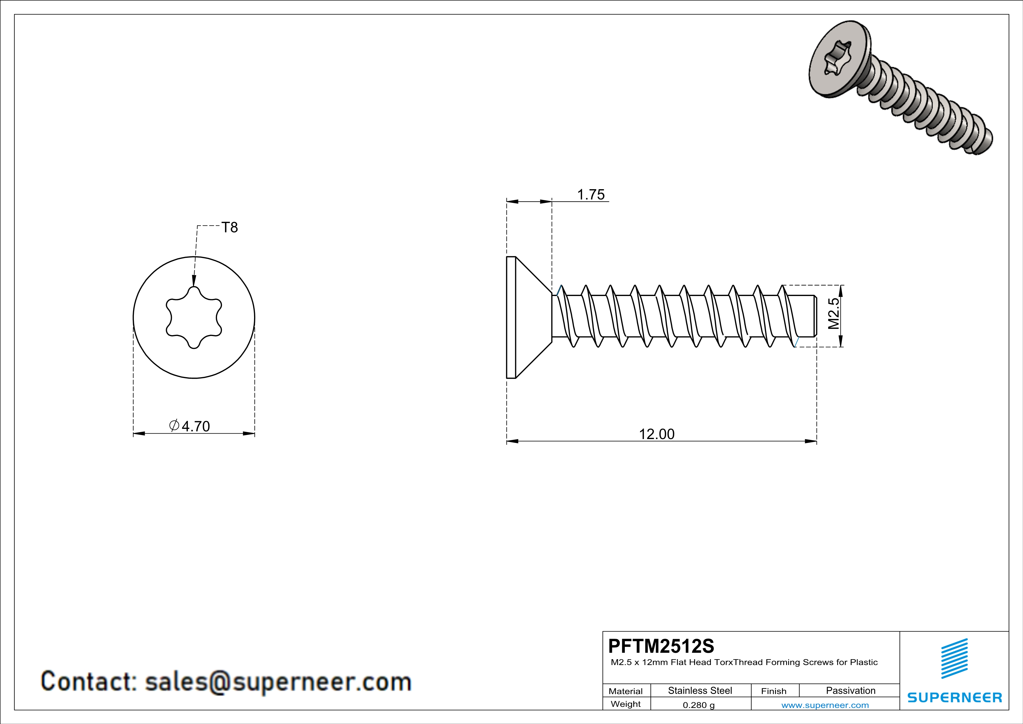 M2.5 × 12mm  Flat Head Torx Thread Foming Screws for Plastic SUS304 Stainless Steel Inox