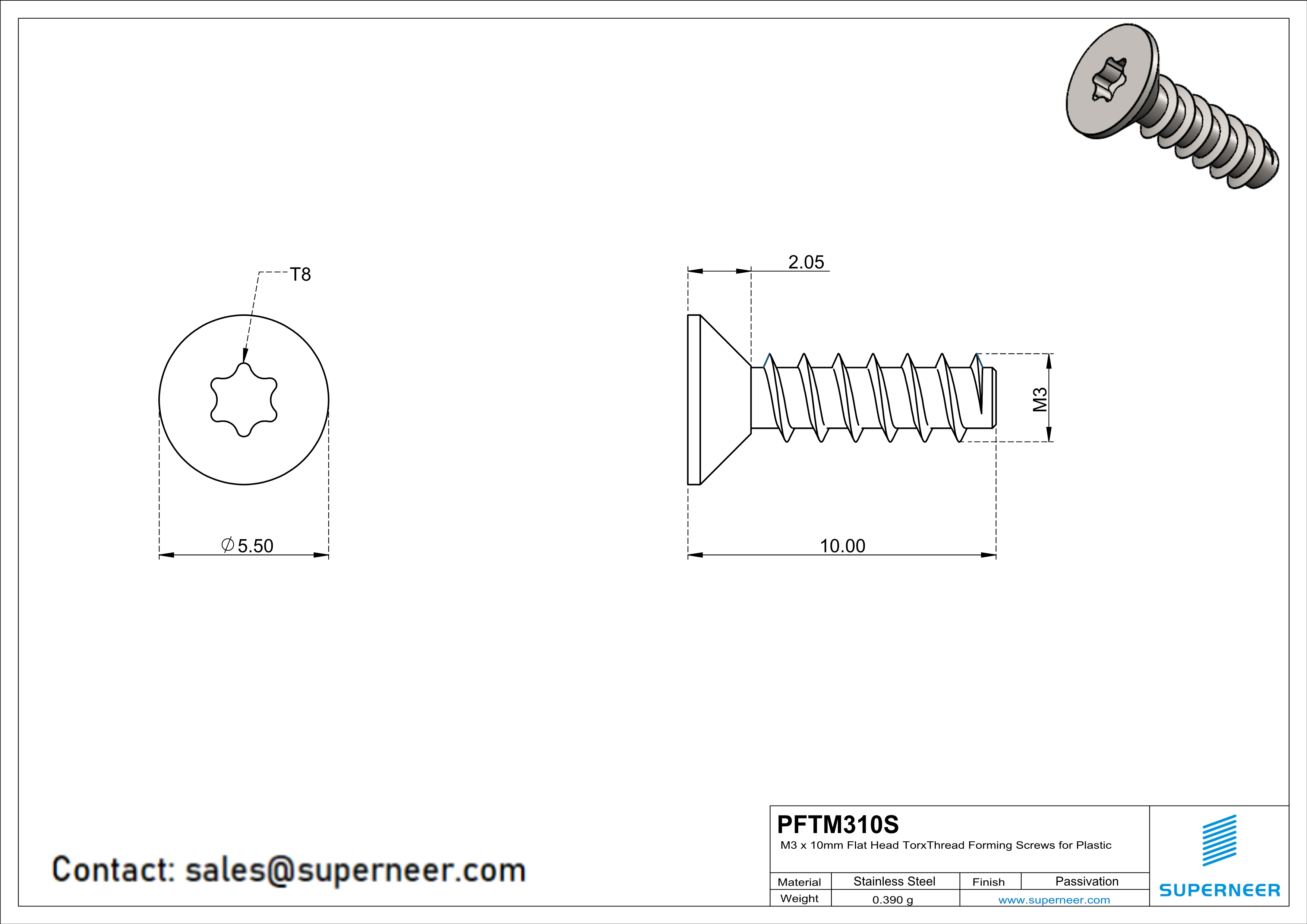 M3 × 10mm  Flat Head Torx Thread Foming Screws for Plastic SUS304 Stainless Steel Inox