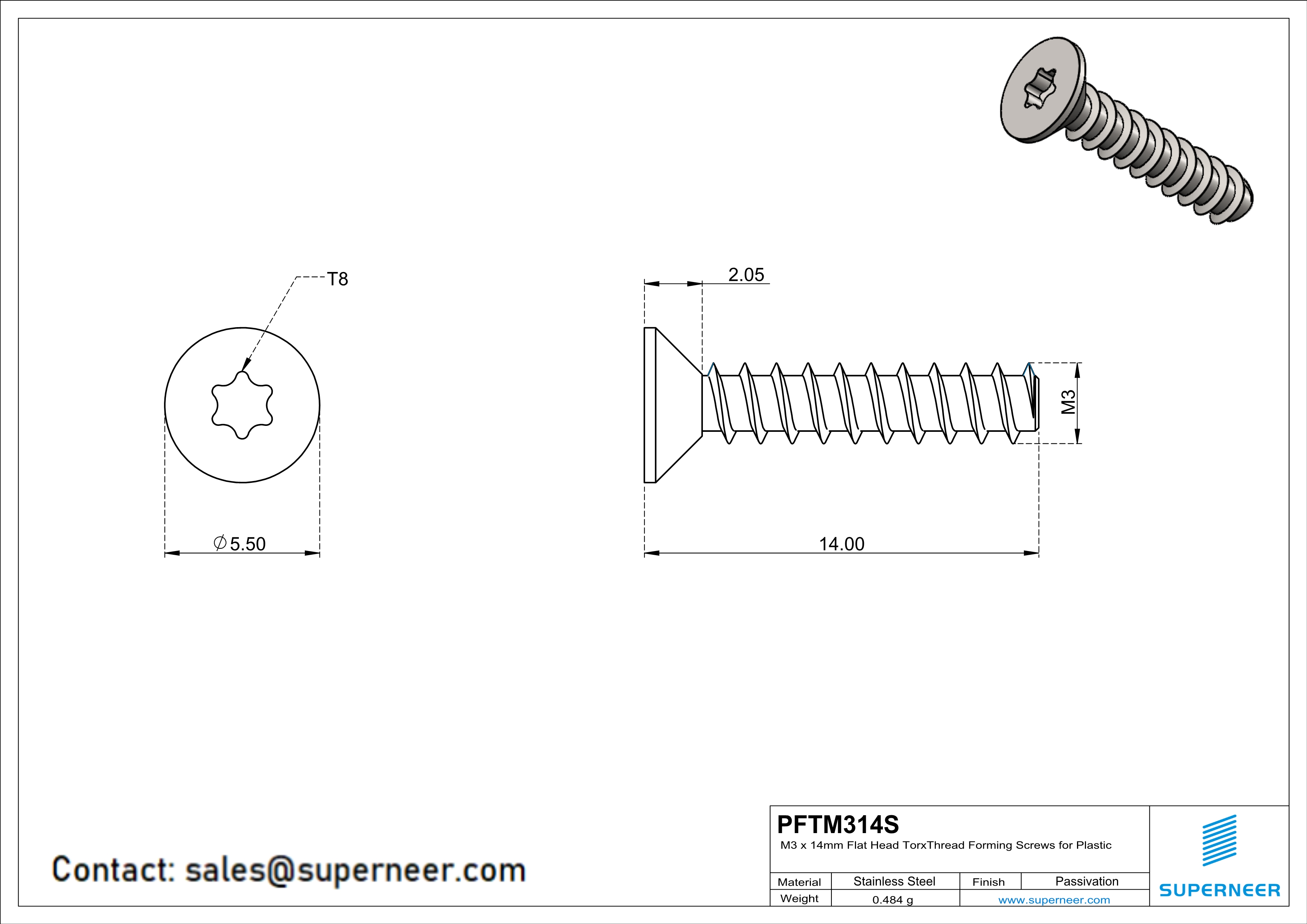 M3 × 14mm  Flat Head Torx Thread Foming Screws for Plastic SUS304 Stainless Steel Inox