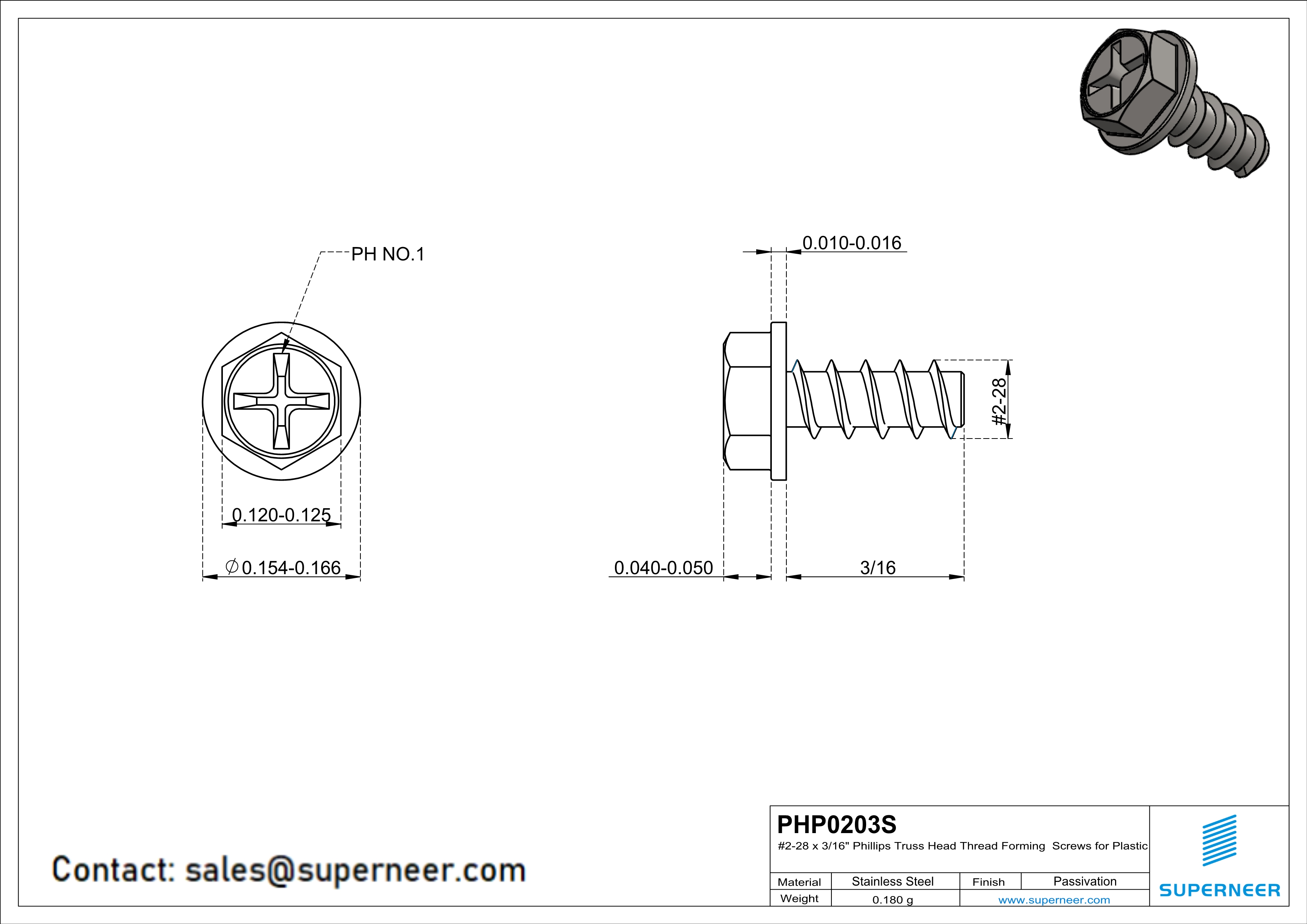 2 × 3/16" Hex Washer Head Phillips Thread Forming inch Screws for Plastic  SUS304 Stainless Steel Inox