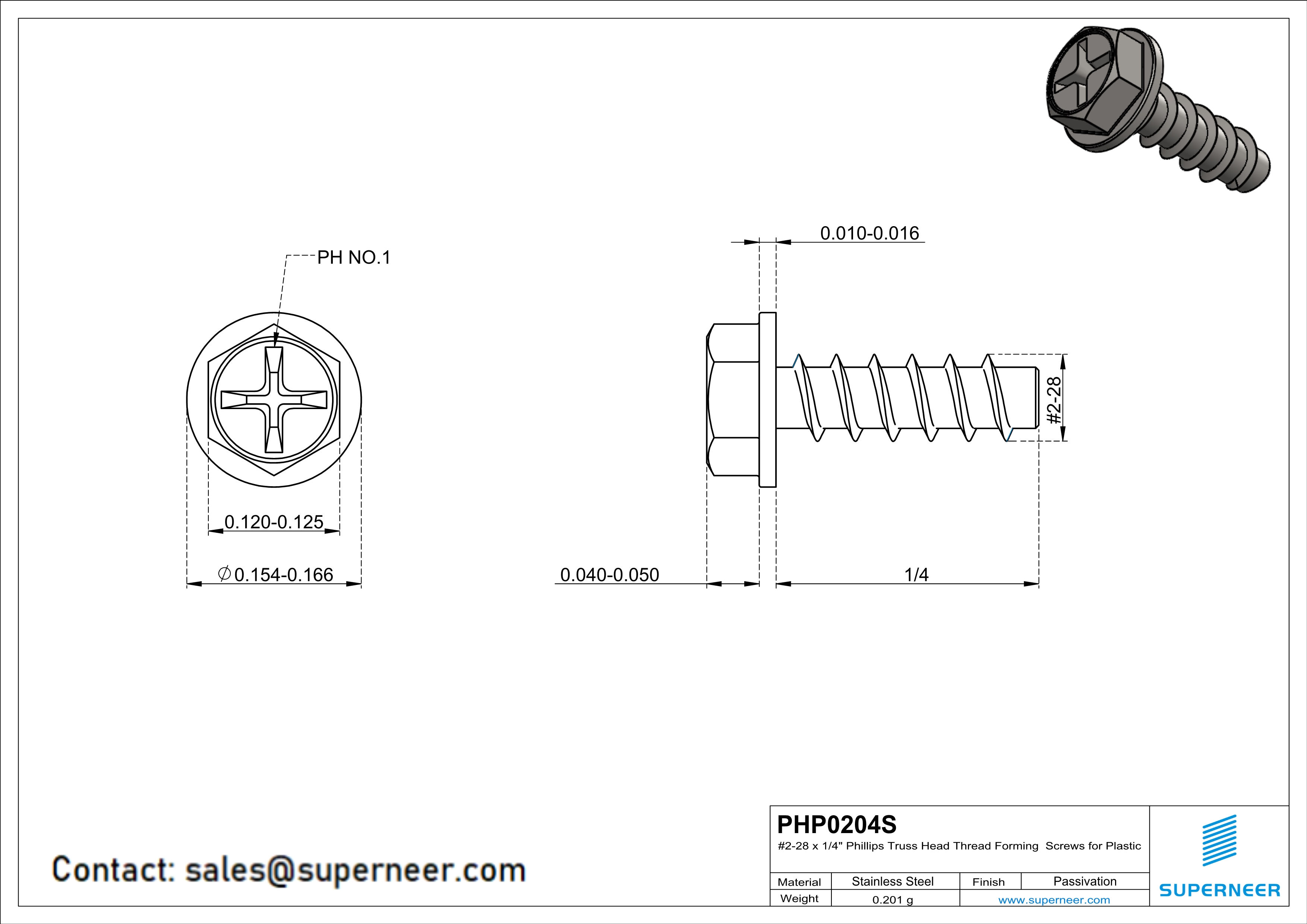 2 × 1/4" Hex Washer Head Phillips Thread Forming inch Screws for Plastic  SUS304 Stainless Steel Inox