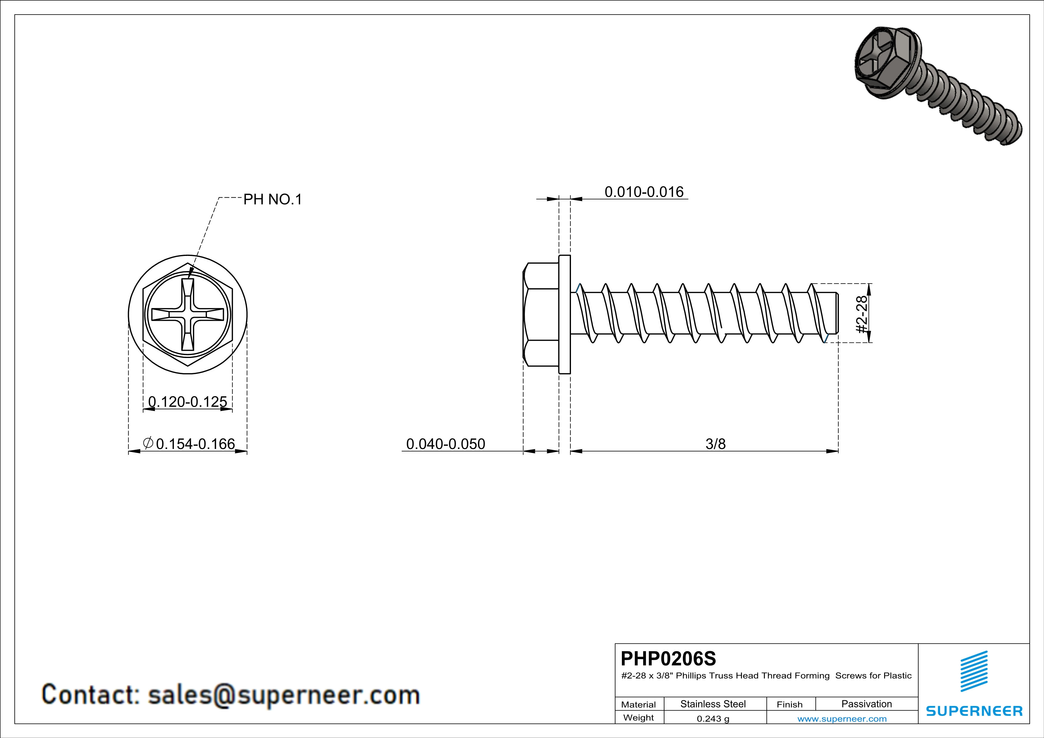 2 × 3/8" Hex Washer Head Phillips Thread Forming inch Screws for Plastic  SUS304 Stainless Steel Inox