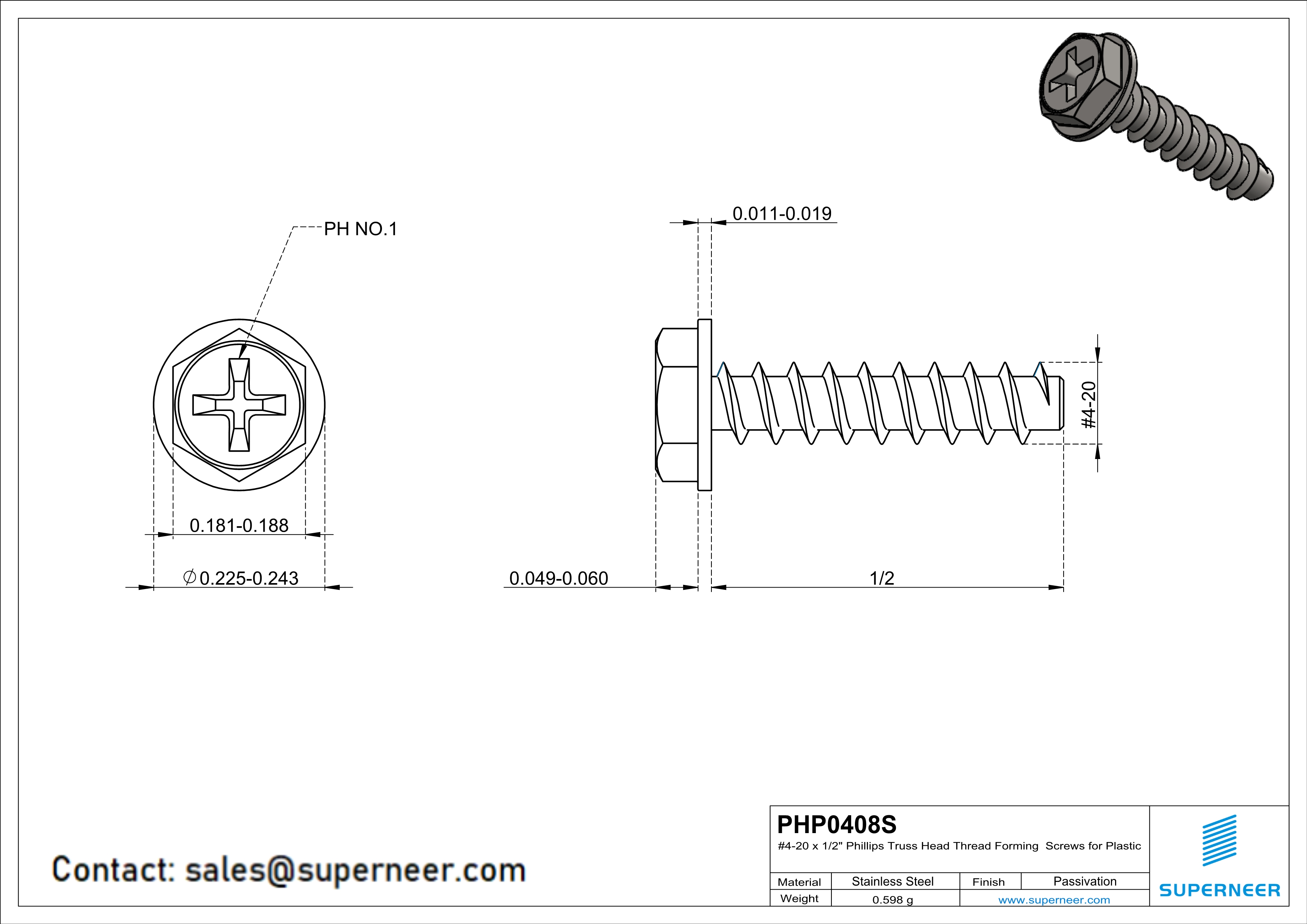 4 × 1/2" Hex Washer Head Phillips Thread Forming inch Screws for Plastic  SUS304 Stainless Steel Inox